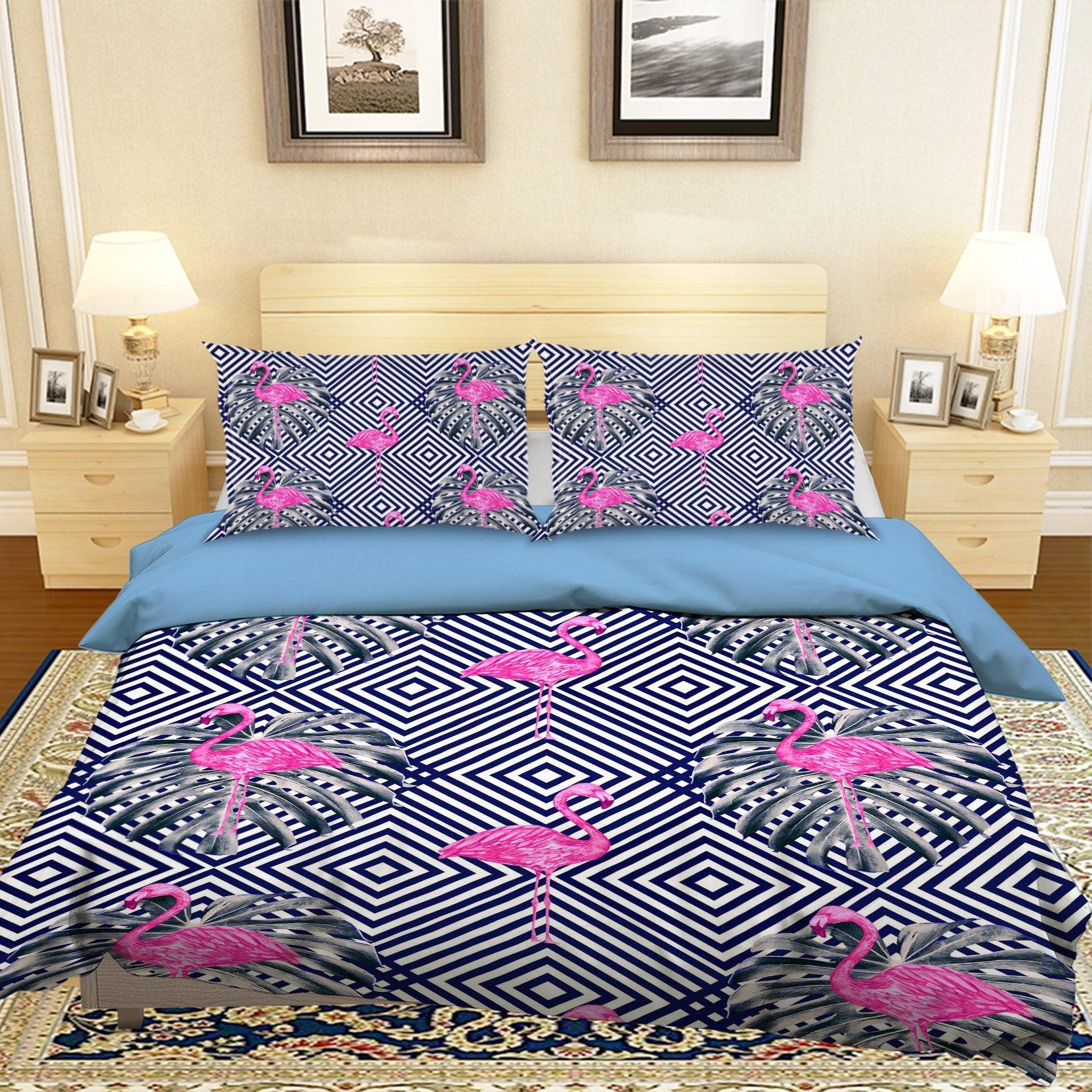 3D Black Pink Flamingo Stripes Square Quilt Cover Set Bedding Set Pillowcases 40- Jess Art Decoration