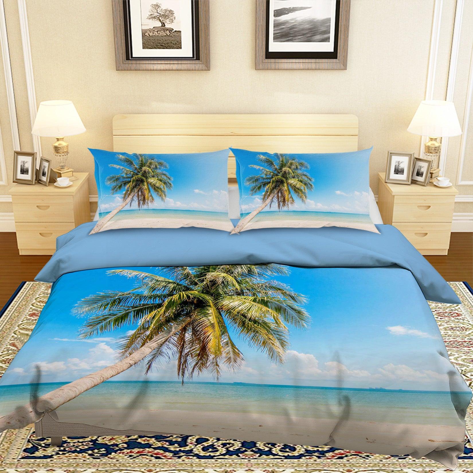 3D Blue Sea Beach Palm Tree Quilt Cover Set Bedding Set Pillowcases 32- Jess Art Decoration