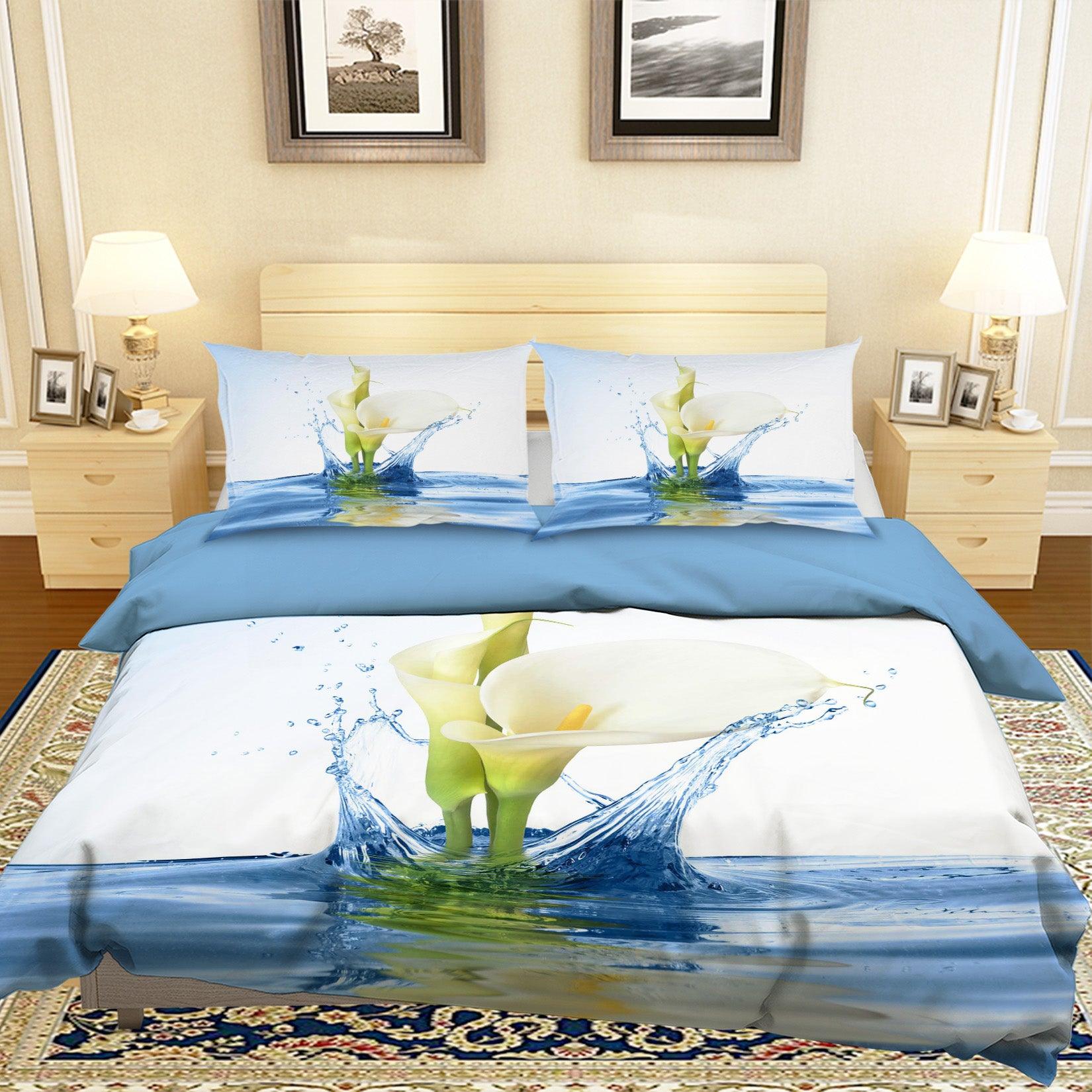 3D Blue Calla Lily Water Quilt Cover Set Bedding Set Pillowcases 66- Jess Art Decoration