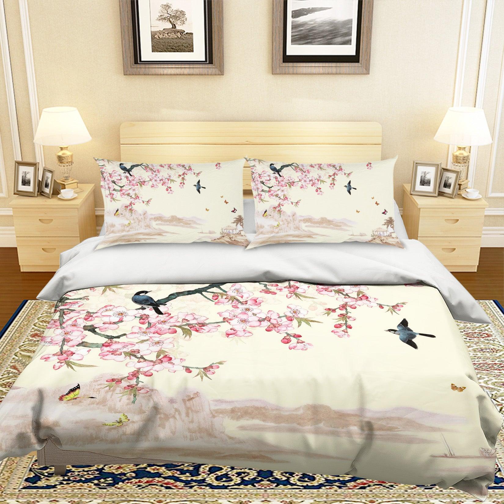 3D Pink Peach Blossom Bird Quilt Cover Set Bedding Set Pillowcases 89- Jess Art Decoration