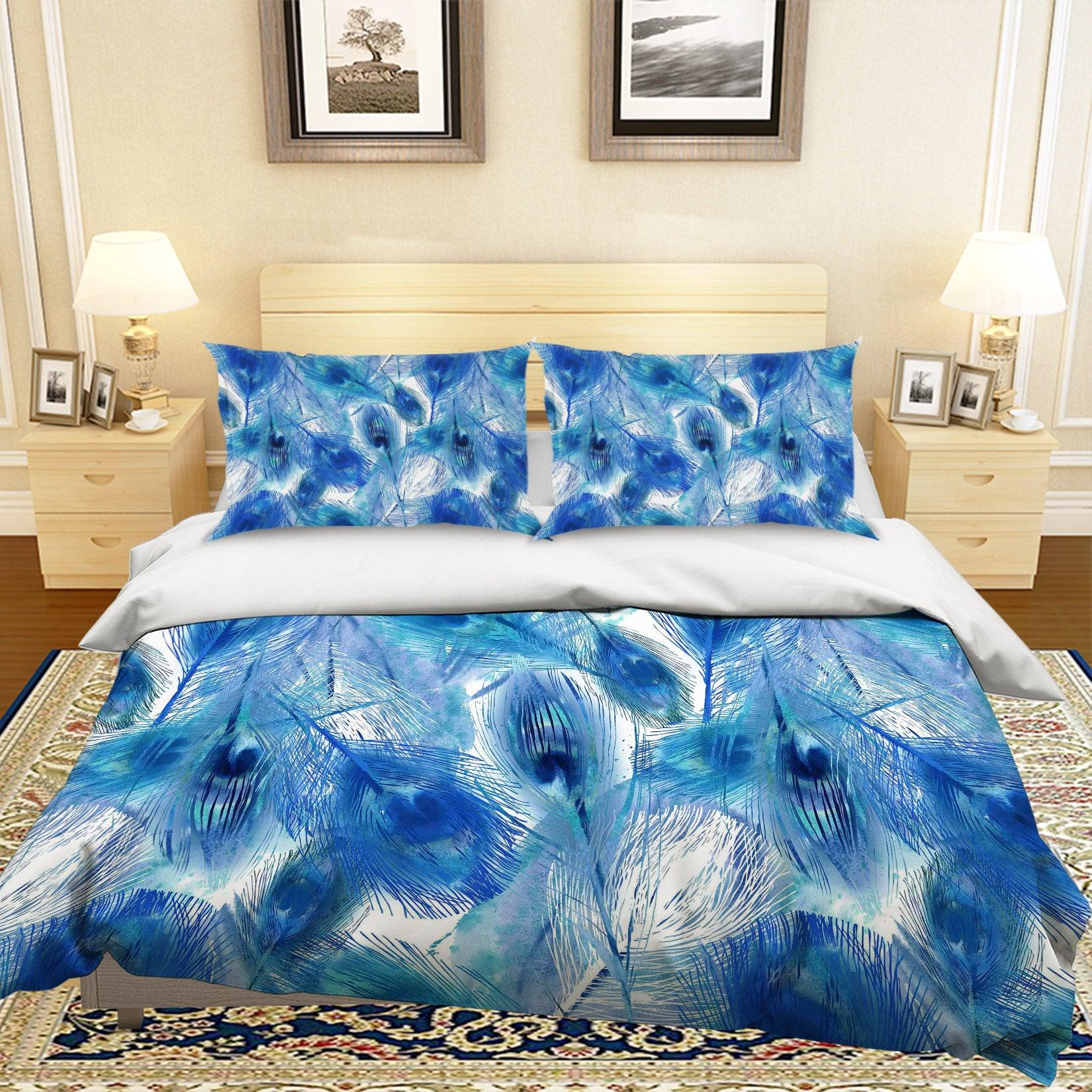 3D Blue Peacock Feather Quilt Cover Set Bedding Set Pillowcases 42- Jess Art Decoration