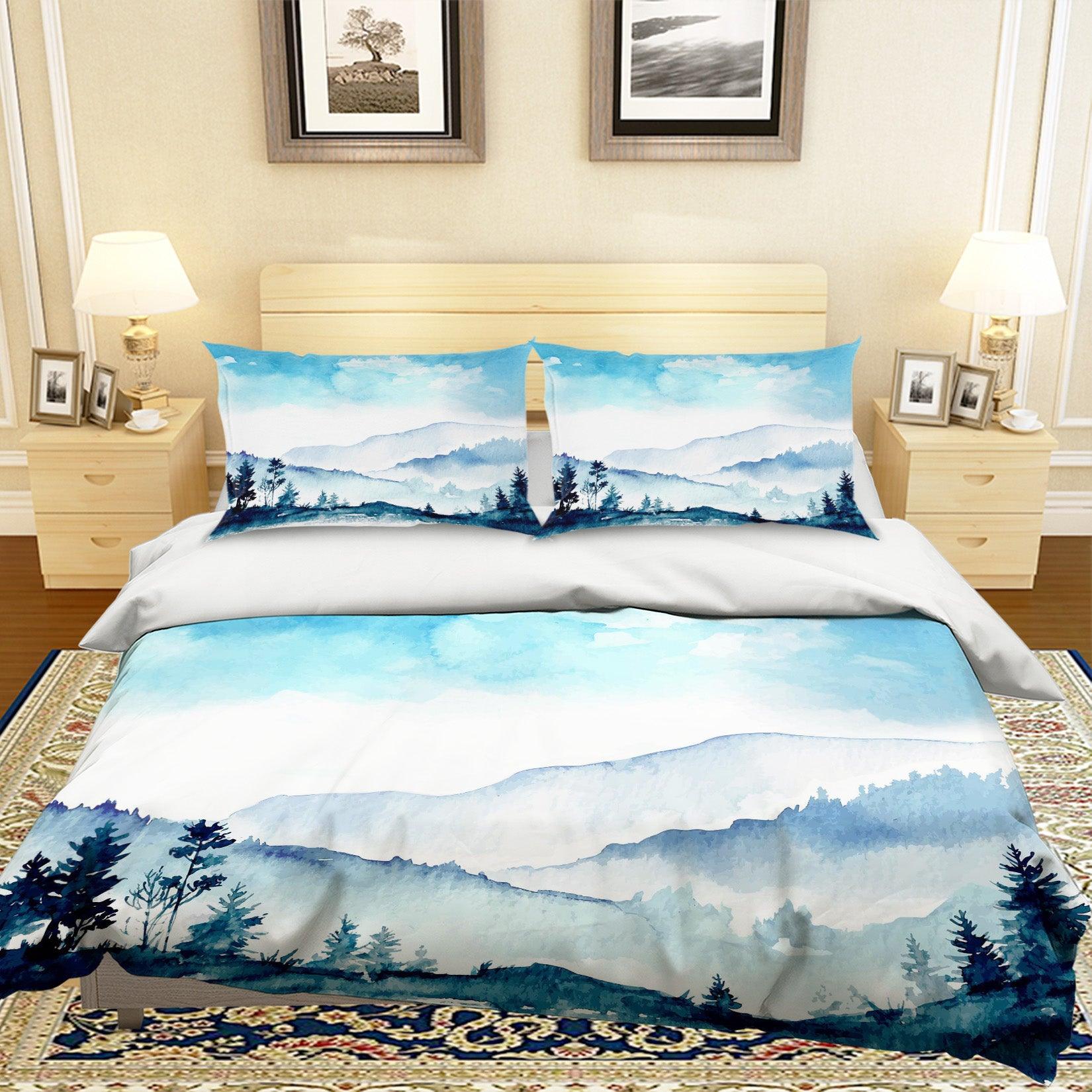 3D Blue Watercolor Mountains Forest Quilt Cover Set Bedding Set Pillowcases 38- Jess Art Decoration