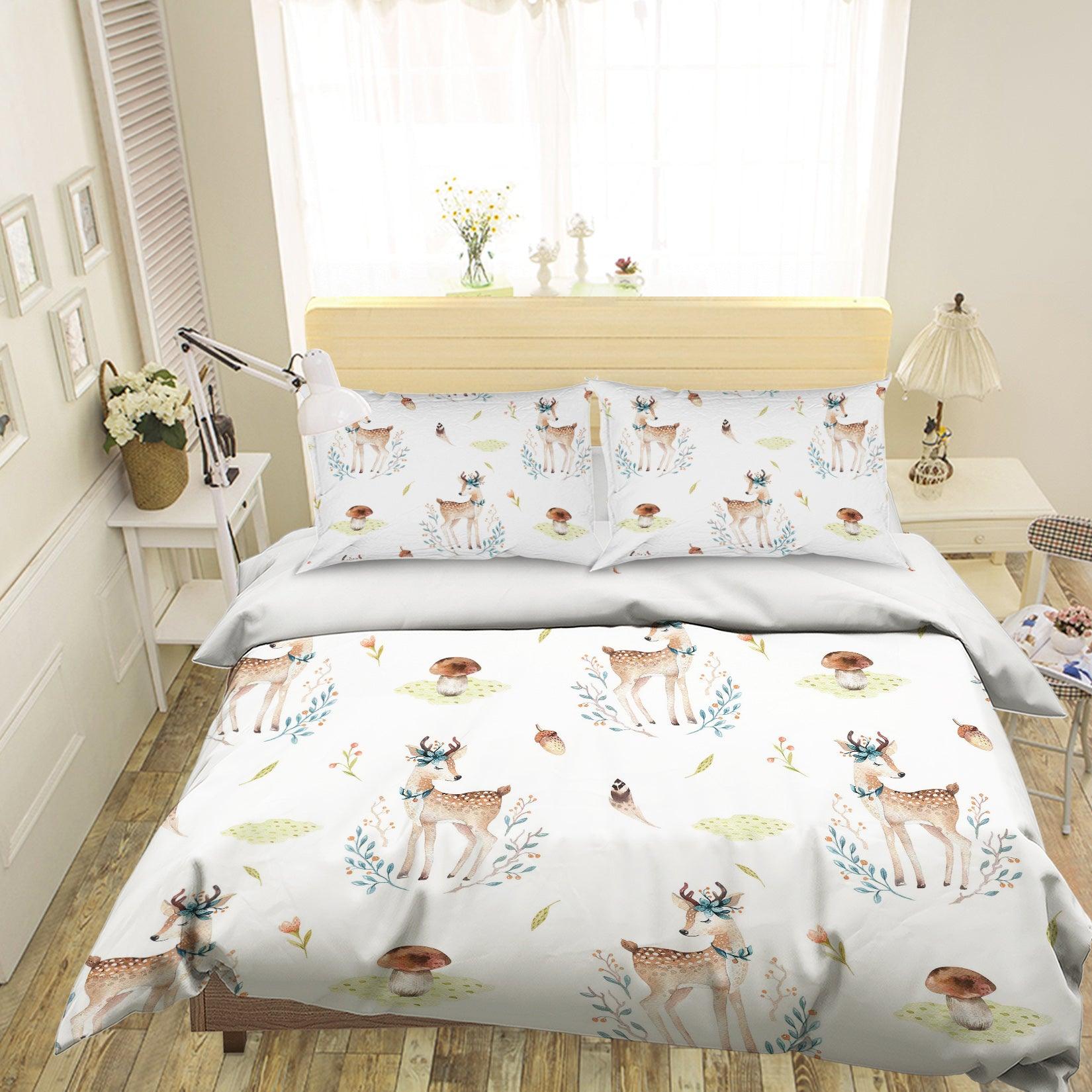 3D White Elk Mushroom Floral Quilt Cover Set Bedding Set Pillowcases 58- Jess Art Decoration