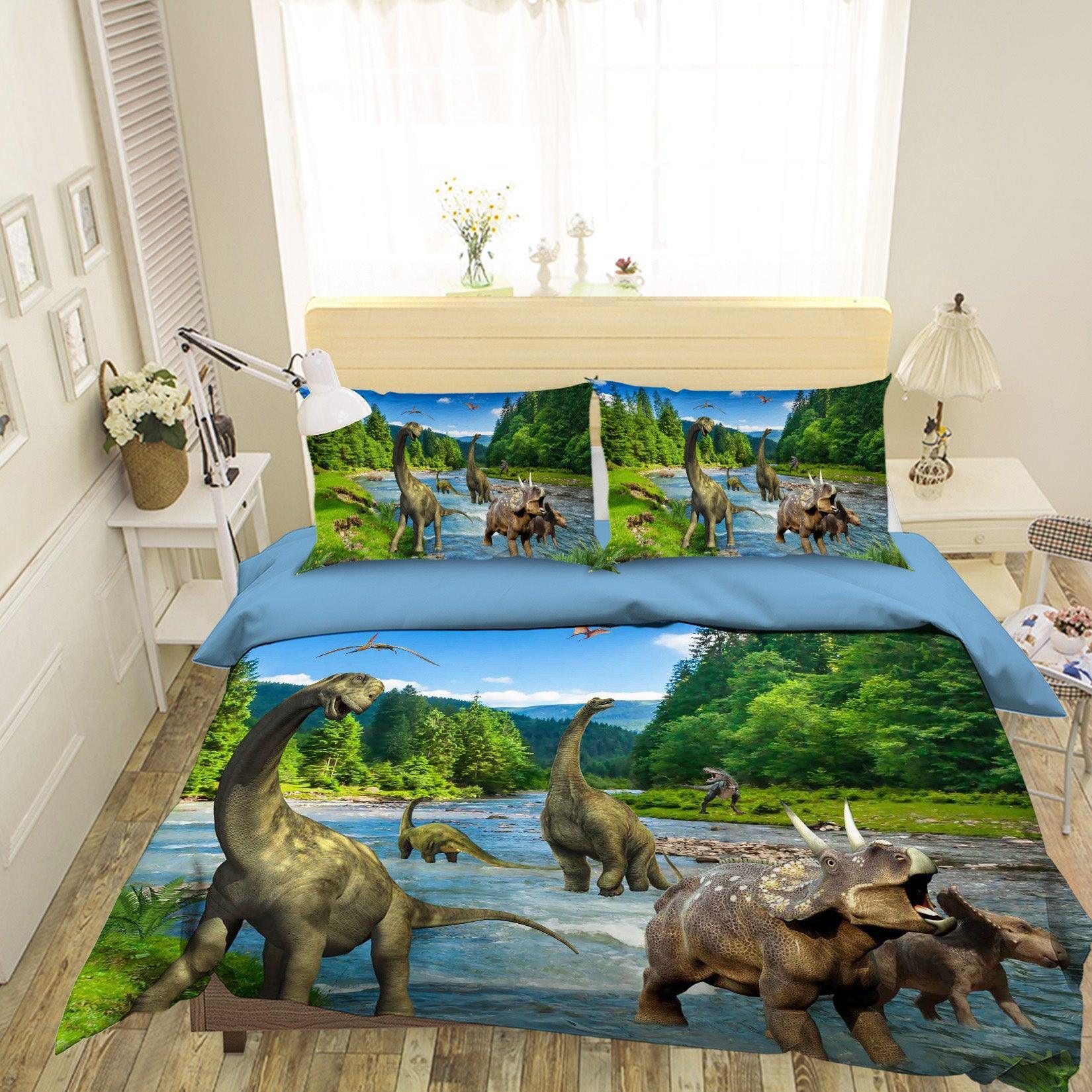 3D Dinosaur Forest River Quilt Cover Set Bedding Set Pillowcases 82- Jess Art Decoration