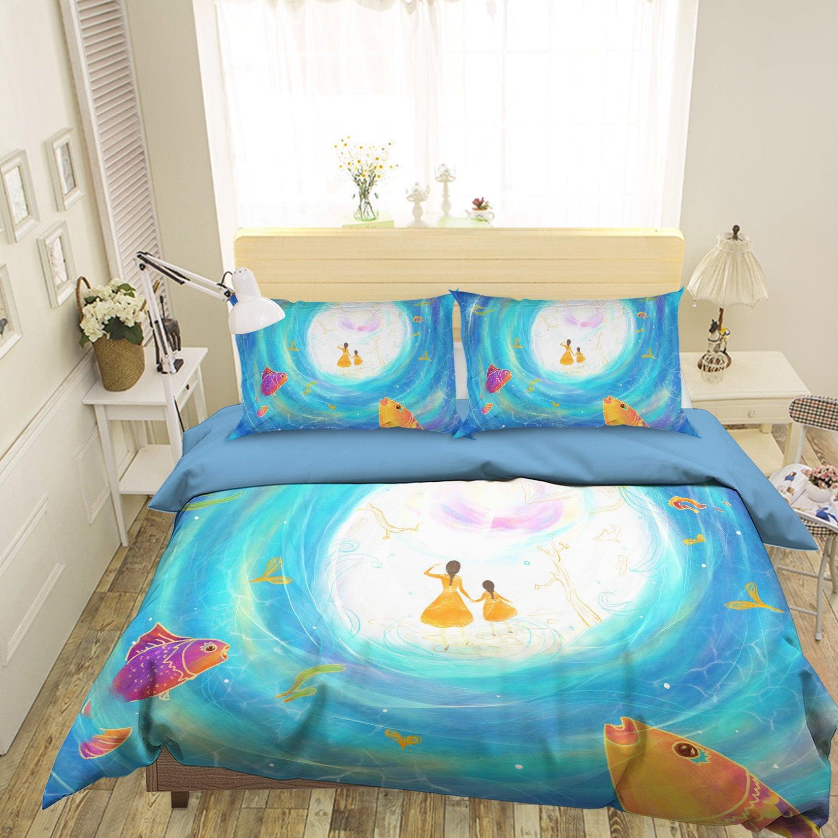 3D Blue Sea Fish Mother Daughter Quilt Cover Set Bedding Set Pillowcases 85- Jess Art Decoration