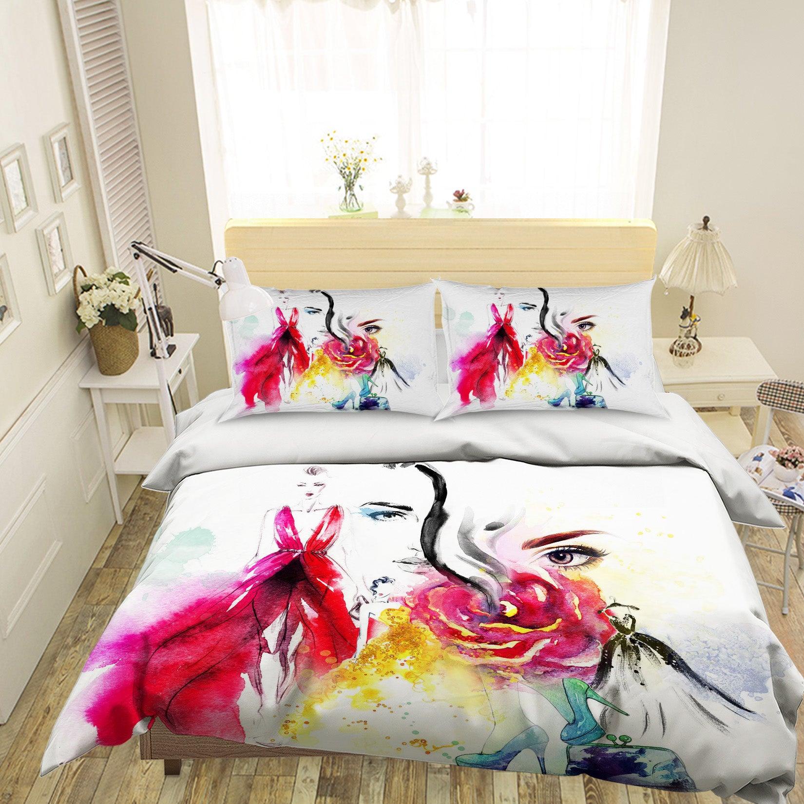 3D Beauty Skirt Floral High Heels Watercolor Quilt Cover Set Bedding Set Pillowcases 45- Jess Art Decoration