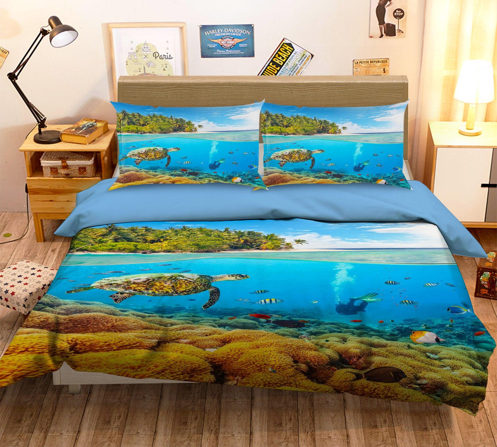 3D Blue Forest Sea Turtle Coral Fish Diving Quilt Cover Set Bedding Set Pillowcases 10- Jess Art Decoration
