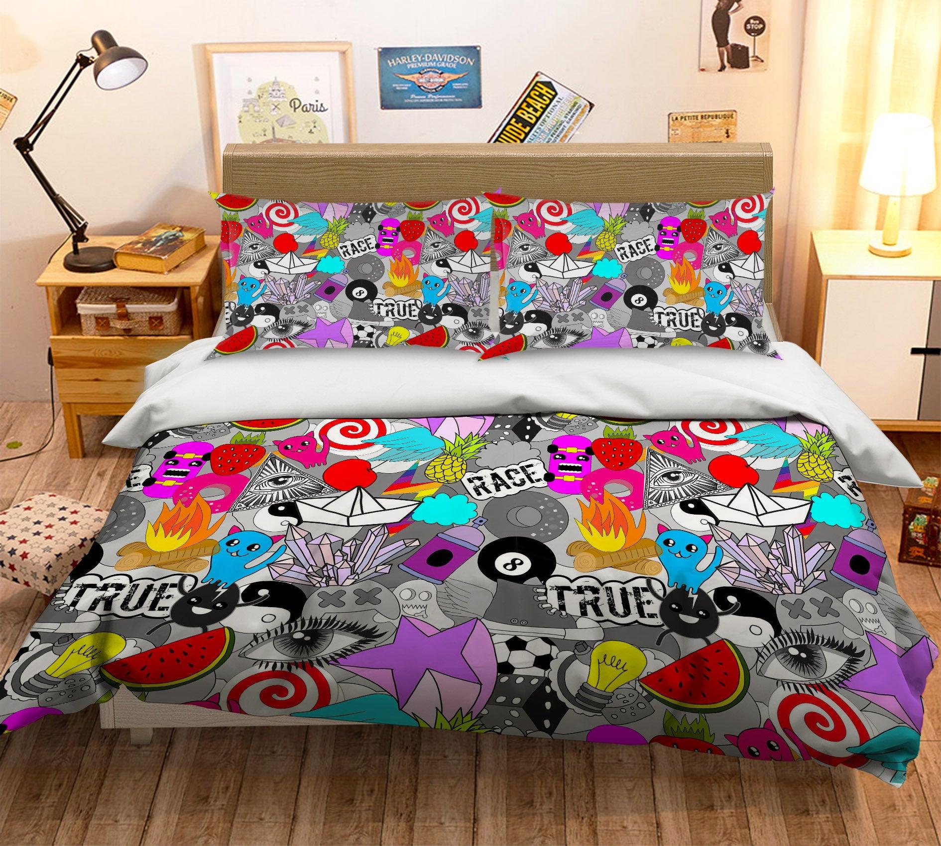 3D Graffiti Fruit Cartoon Quilt Cover Set Bedding Set Pillowcases 54- Jess Art Decoration