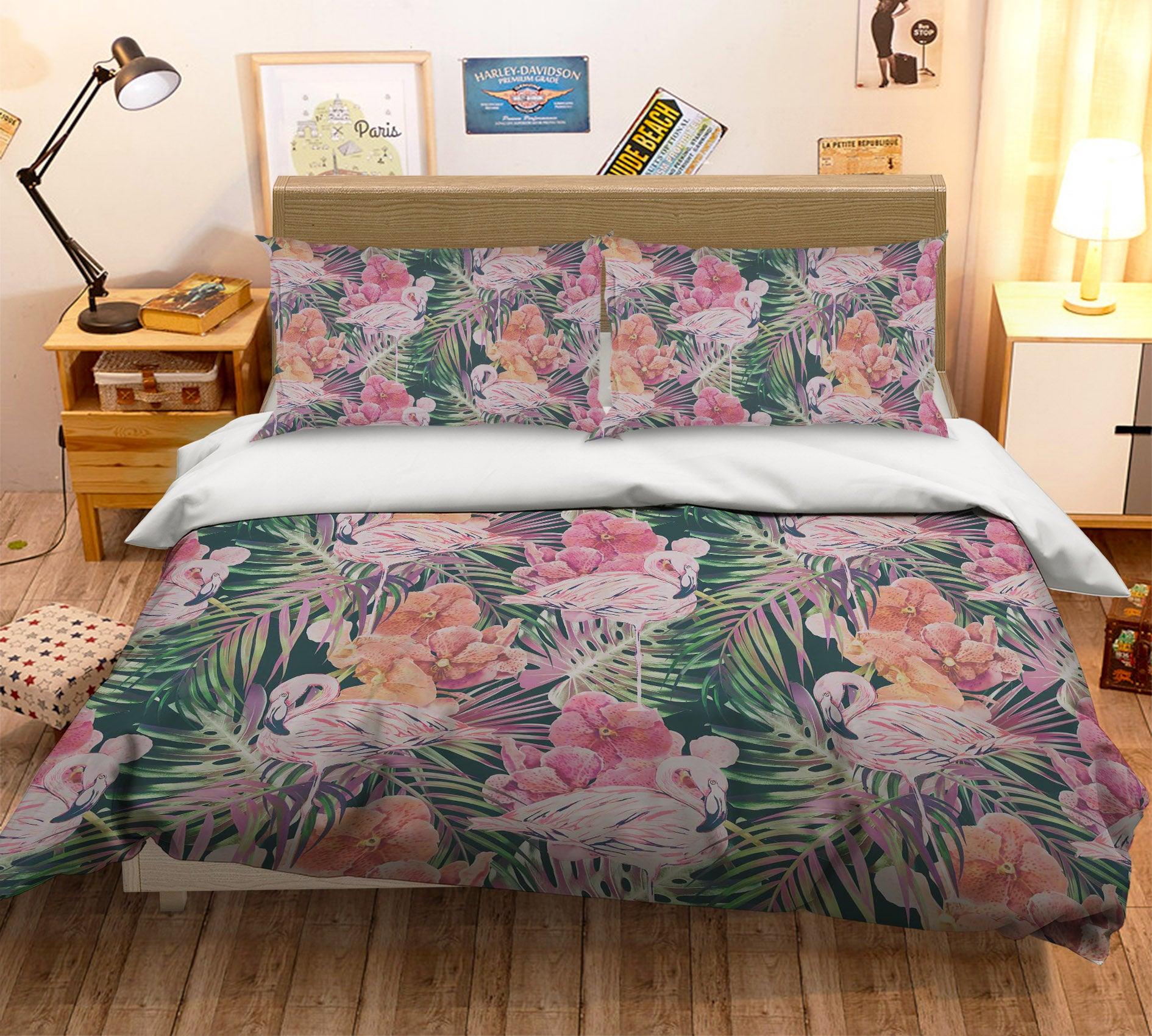 3D Flamingo Leaves Floral Quilt Cover Set Bedding Set Pillowcases 47- Jess Art Decoration