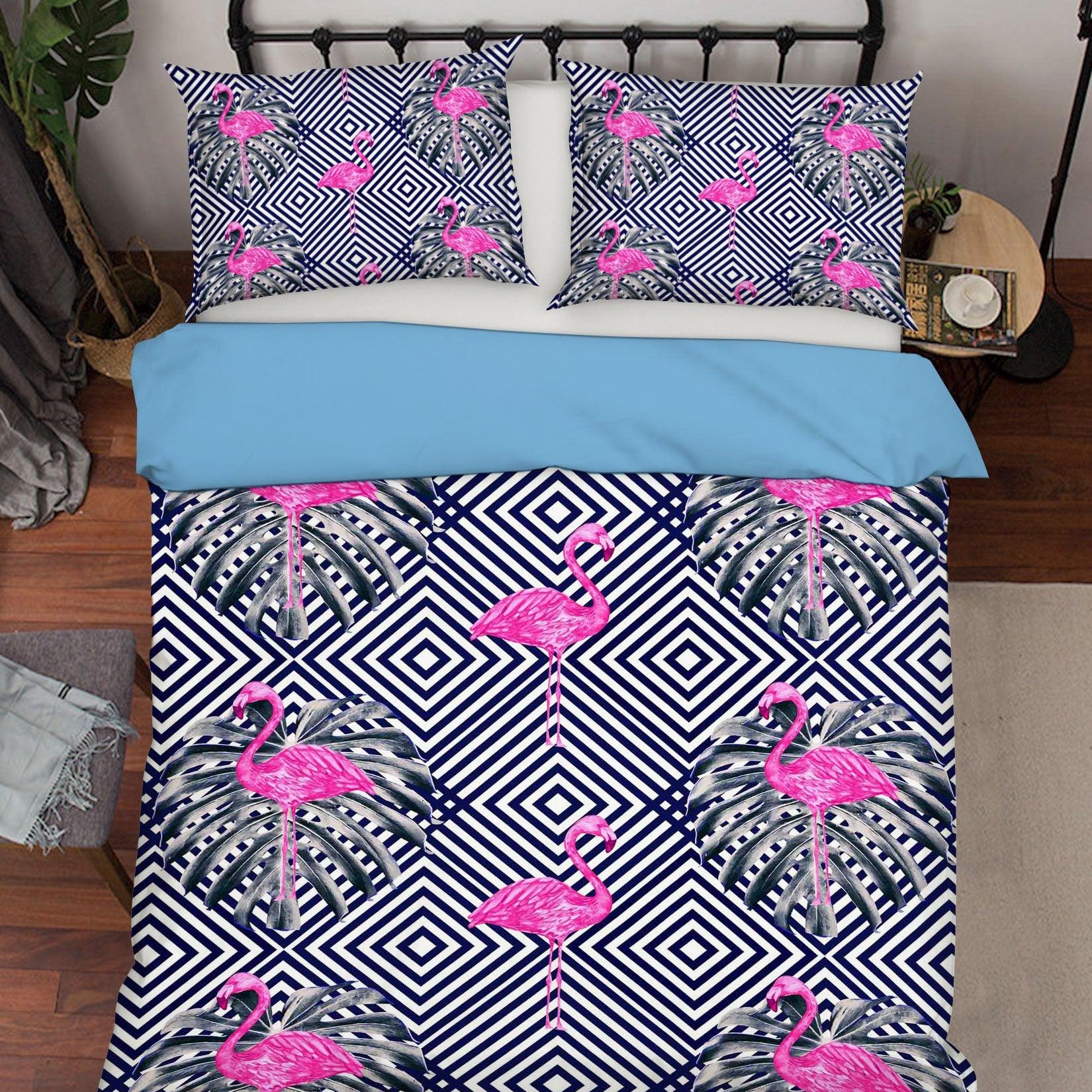 3D Black Pink Flamingo Stripes Square Quilt Cover Set Bedding Set Pillowcases 40- Jess Art Decoration