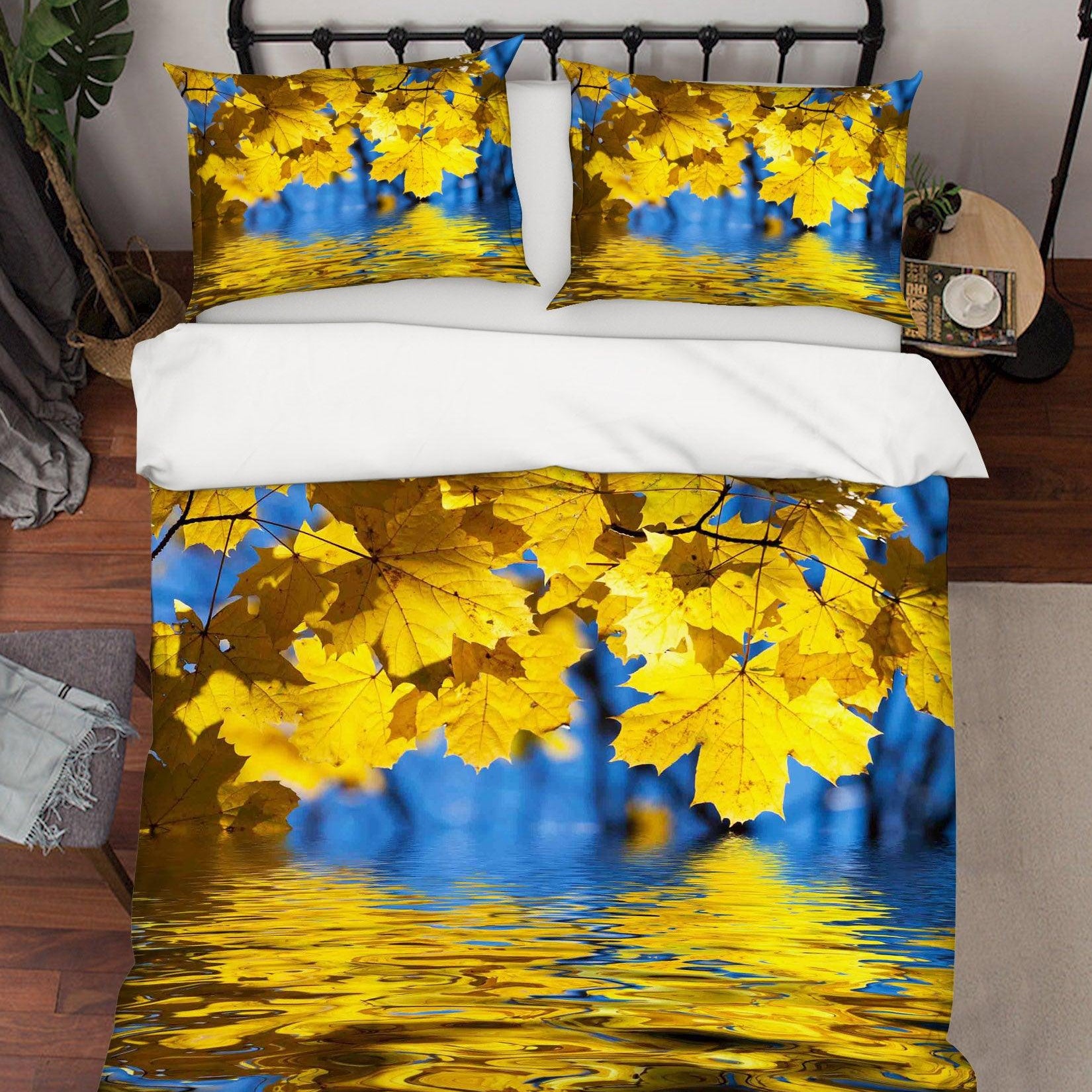 3D Blue Yellow Maple Leaves Quilt Cover Set Bedding Set Pillowcases 73- Jess Art Decoration