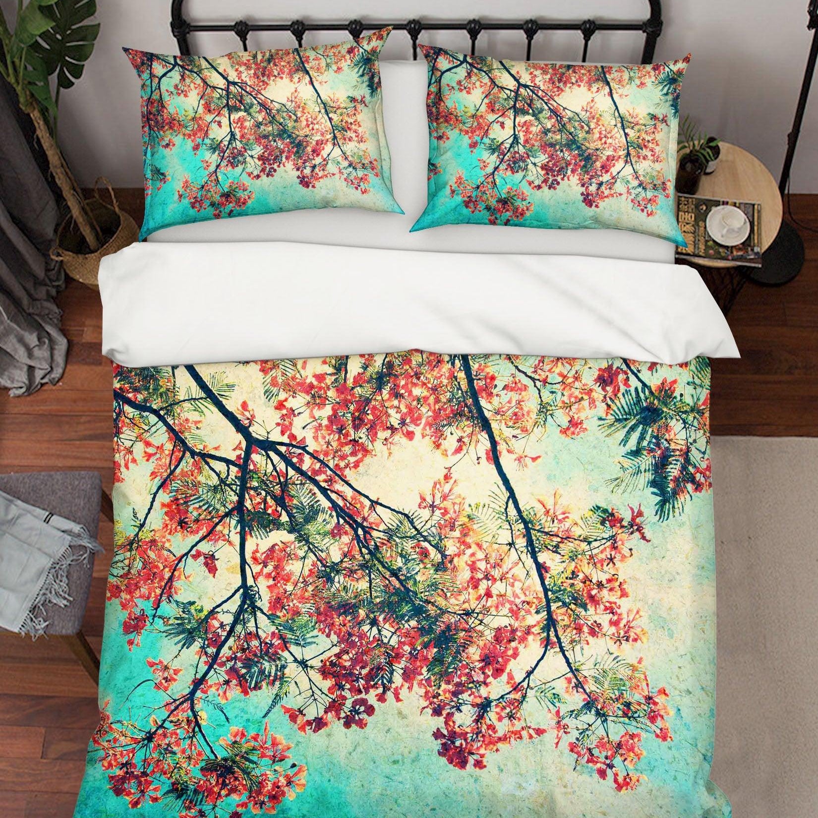 3D Red Green Blossom Branch Quilt Cover Set Bedding Set Pillowcases 30- Jess Art Decoration