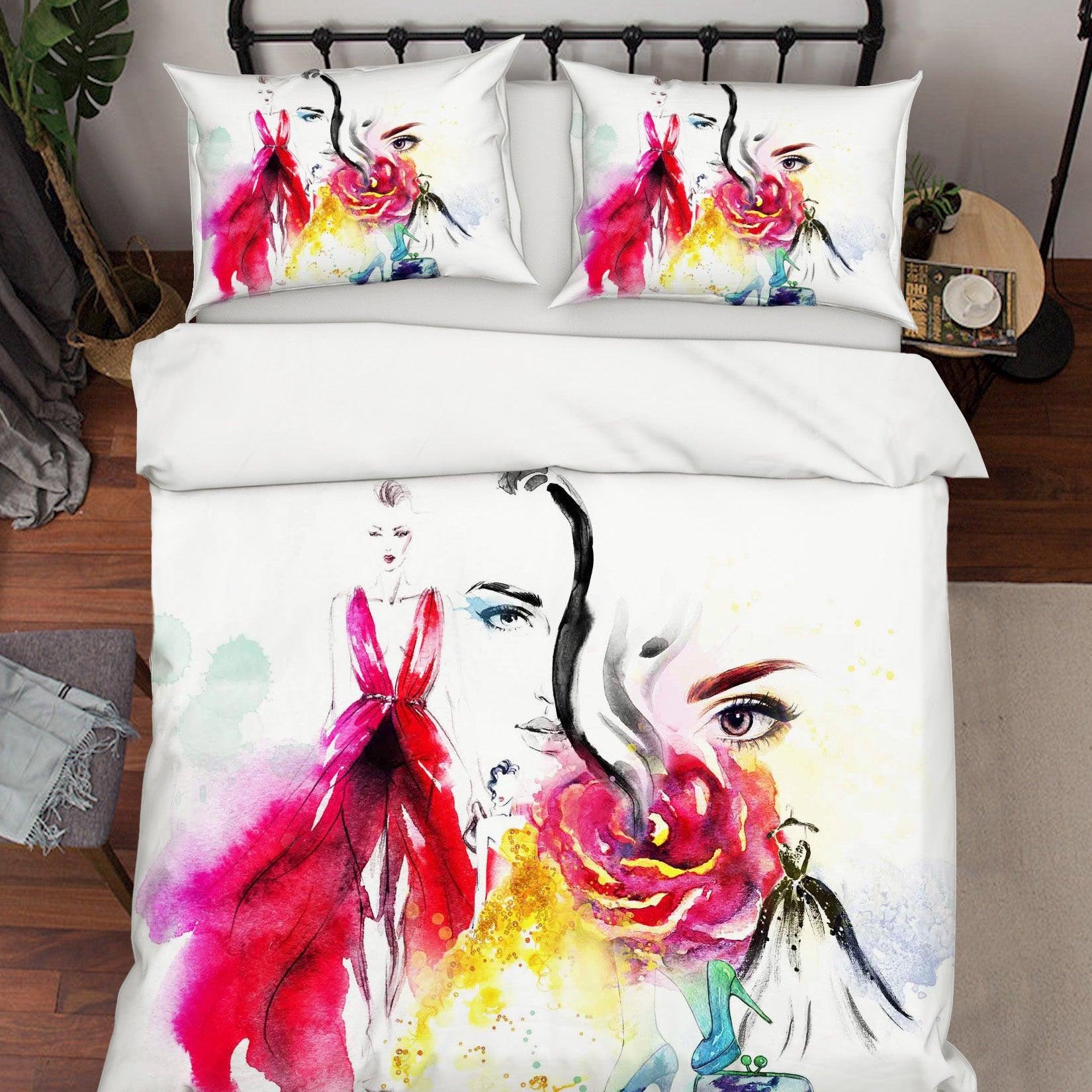 3D Beauty Skirt Floral High Heels Watercolor Quilt Cover Set Bedding Set Pillowcases 45- Jess Art Decoration