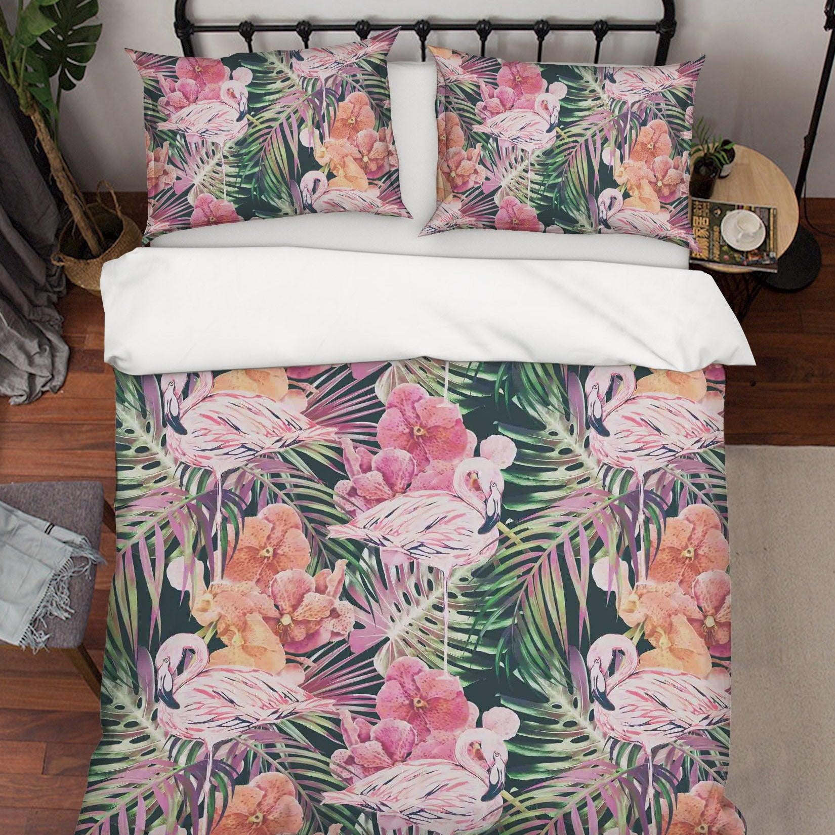 3D Flamingo Leaves Floral Quilt Cover Set Bedding Set Pillowcases 47- Jess Art Decoration