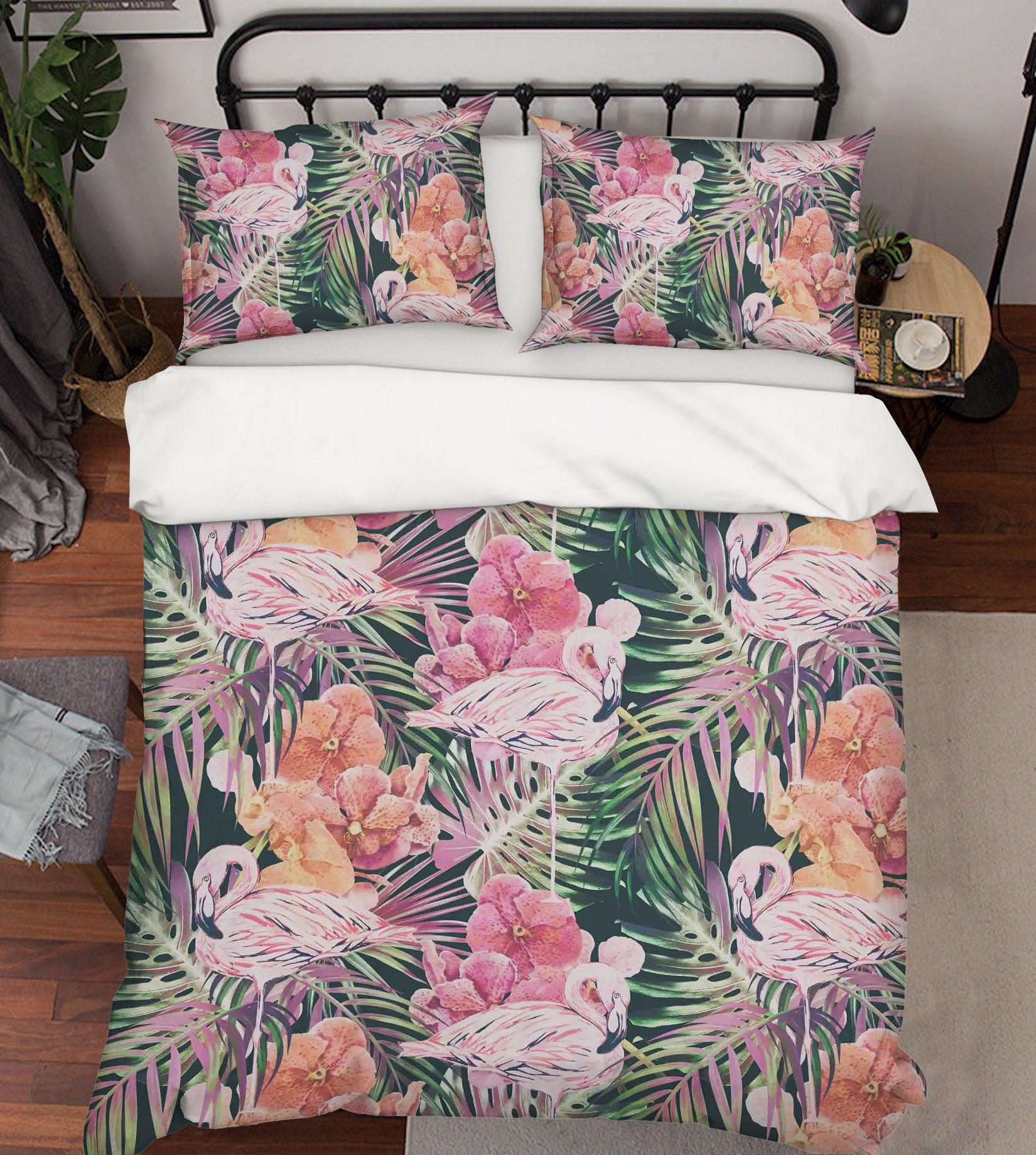 3D Flamingo Leaves Floral Quilt Cover Set Bedding Set Pillowcases 47- Jess Art Decoration