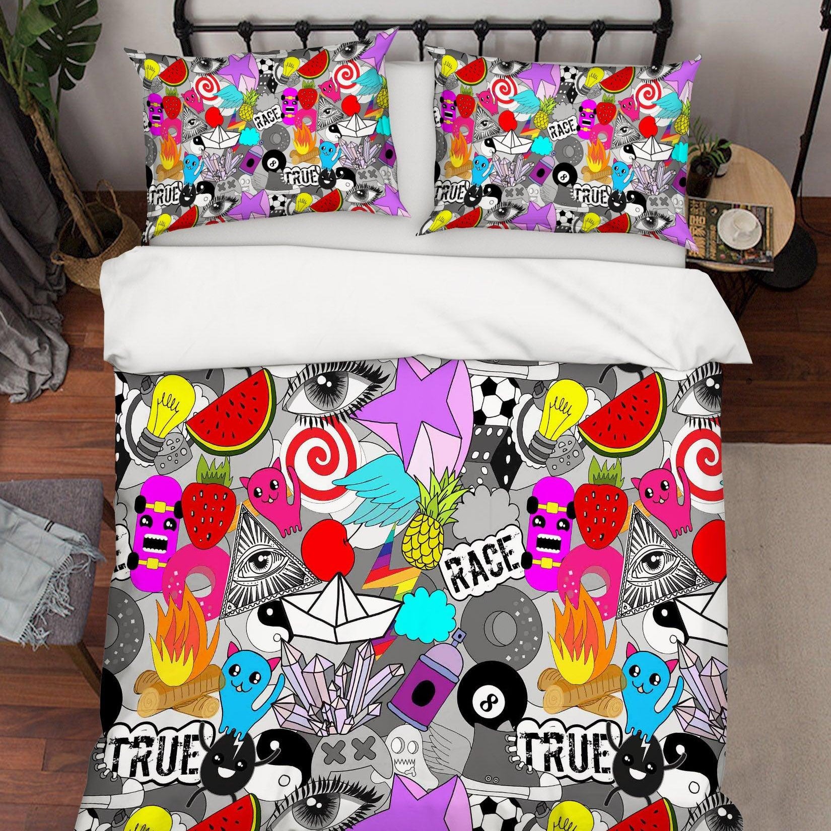 3D Graffiti Fruit Cartoon Quilt Cover Set Bedding Set Pillowcases 54- Jess Art Decoration