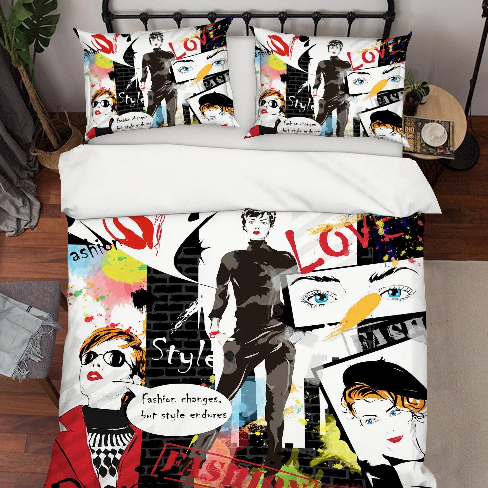 3D Black Graffiti Fashion Woman Female Beauty Quilt Cover Set Bedding Set Pillowcases 34- Jess Art Decoration
