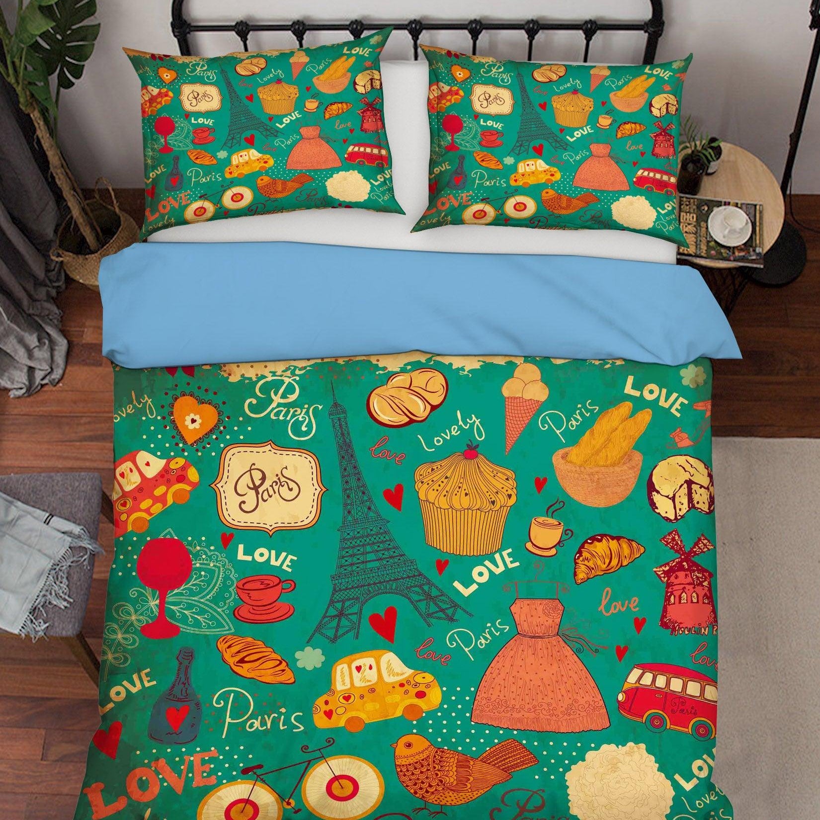 3D Green Eiffel Tower Car Cake Bike Bread Quilt Cover Set Bedding Set Pillowcases 19- Jess Art Decoration