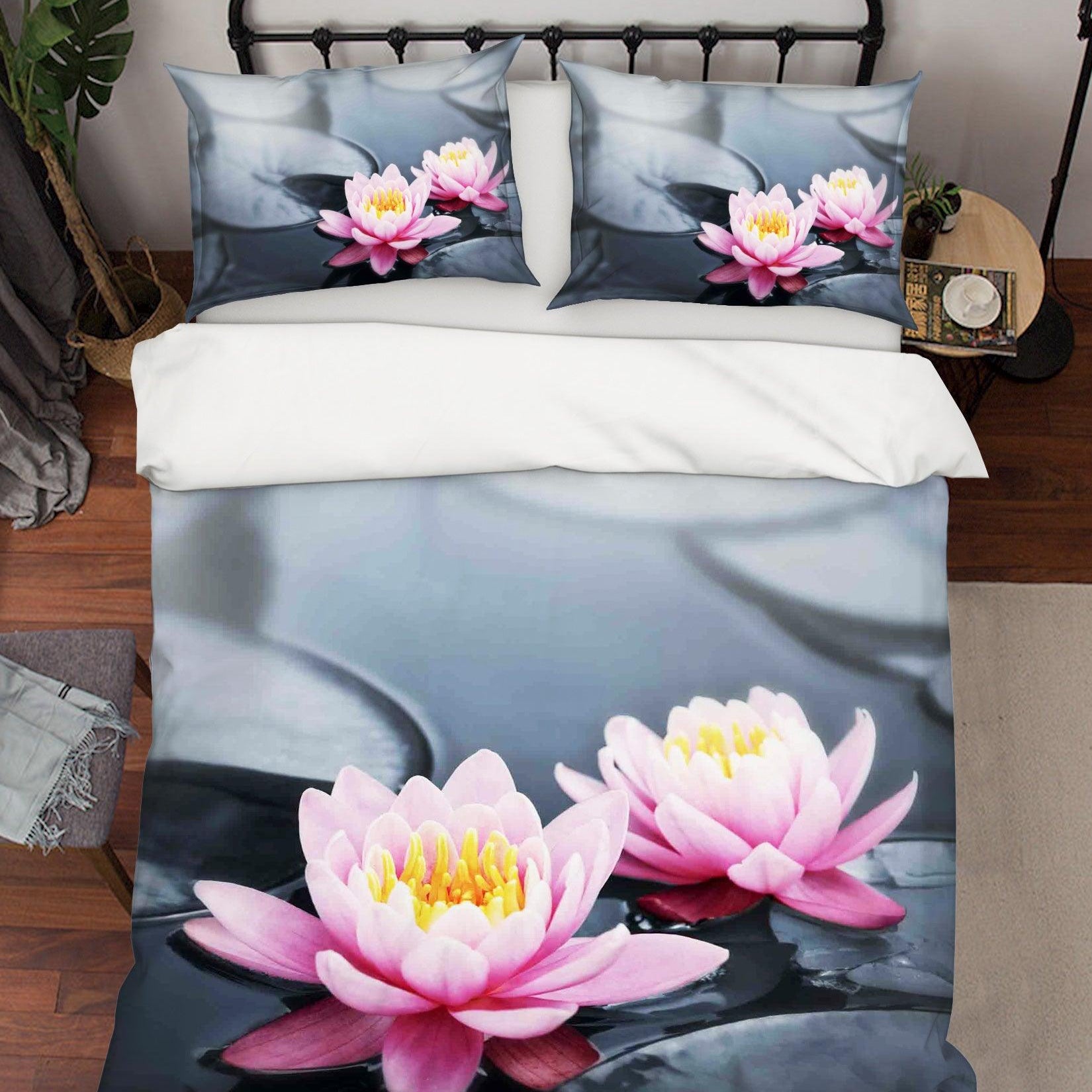 3D Grey Pink Lotus Flower Leaves Quilt Cover Set Bedding Set Pillowcases 80- Jess Art Decoration