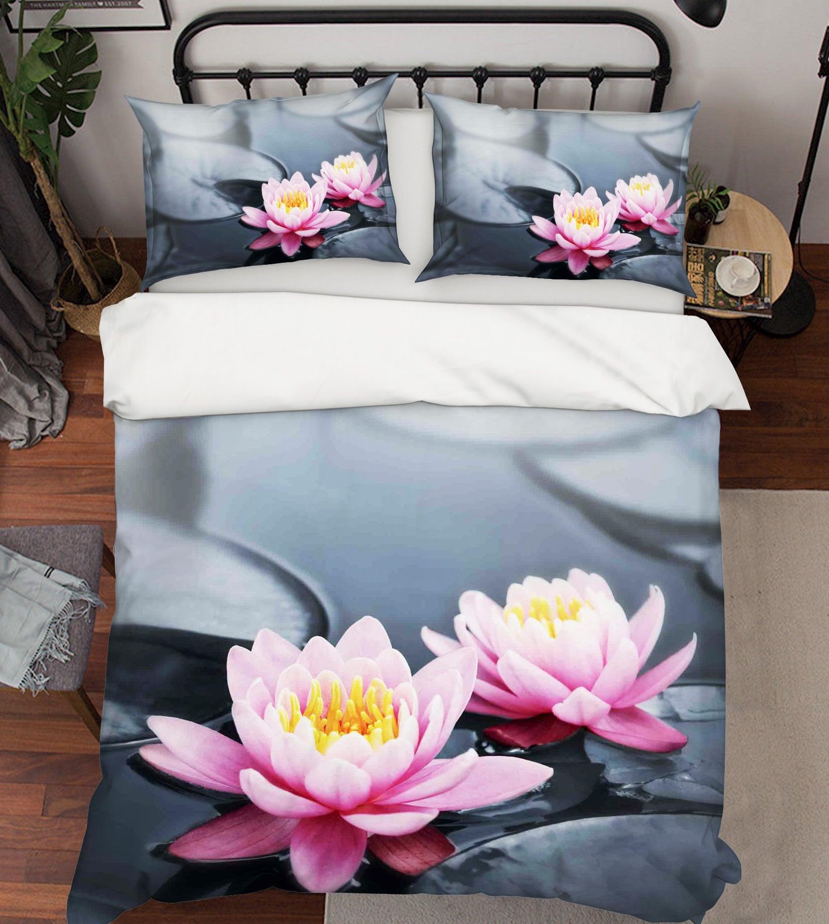 3D Grey Pink Lotus Flower Leaves Quilt Cover Set Bedding Set Pillowcases 80- Jess Art Decoration