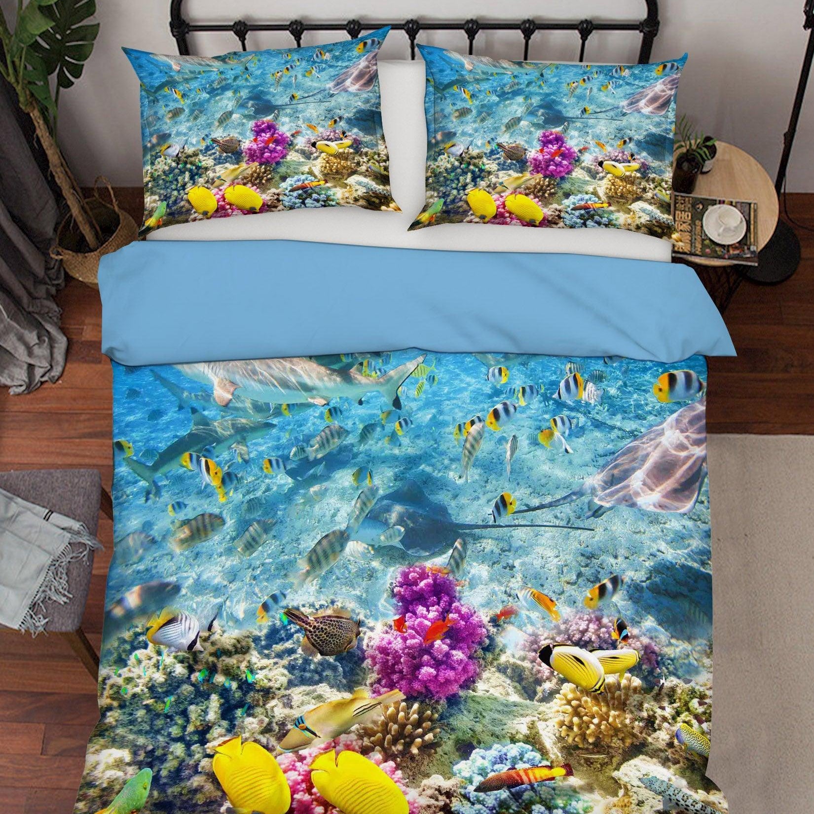 3D Blue Seabed Coral Fish Quilt Cover Set Bedding Set Pillowcases 79- Jess Art Decoration
