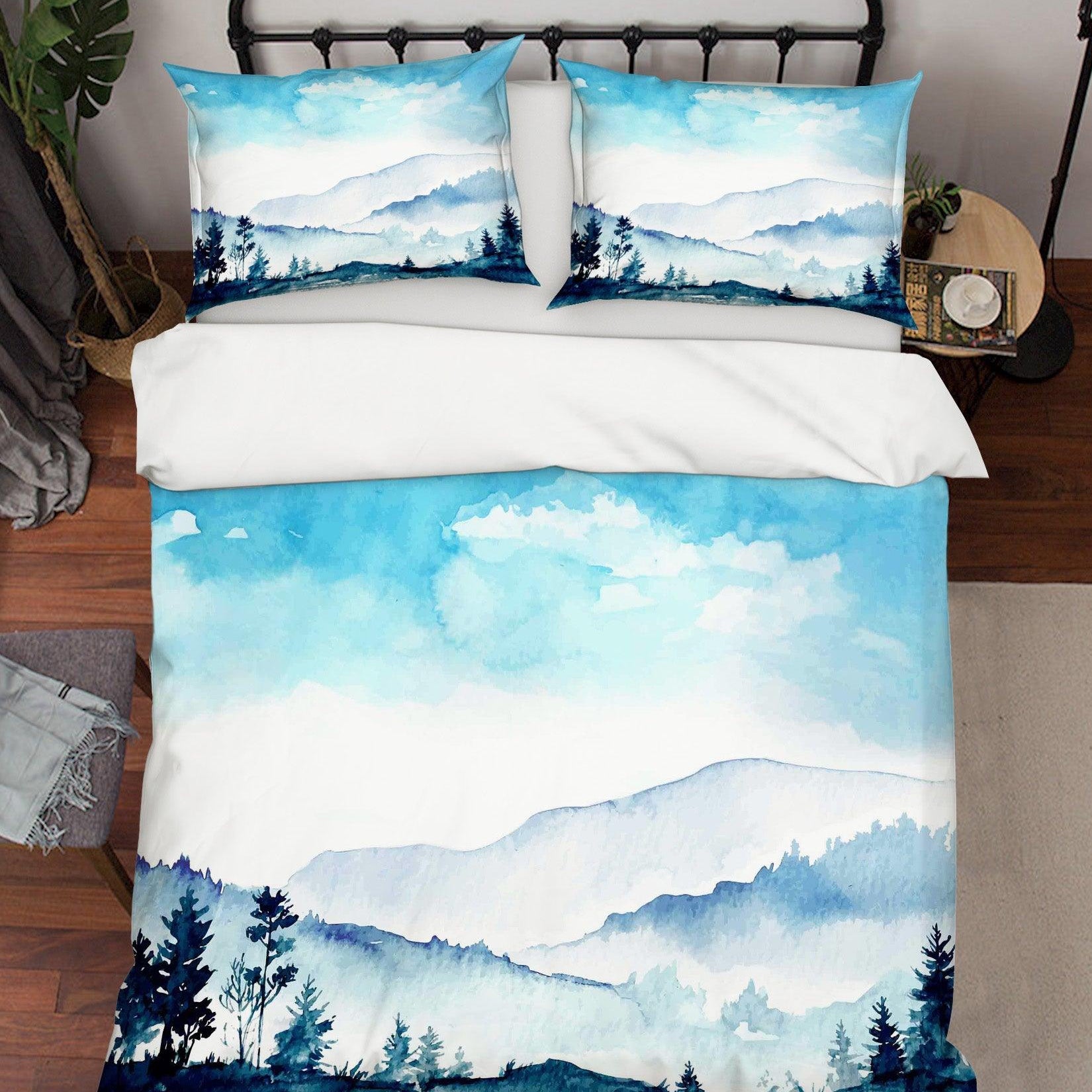 3D Blue Watercolor Mountains Forest Quilt Cover Set Bedding Set Pillowcases 38- Jess Art Decoration