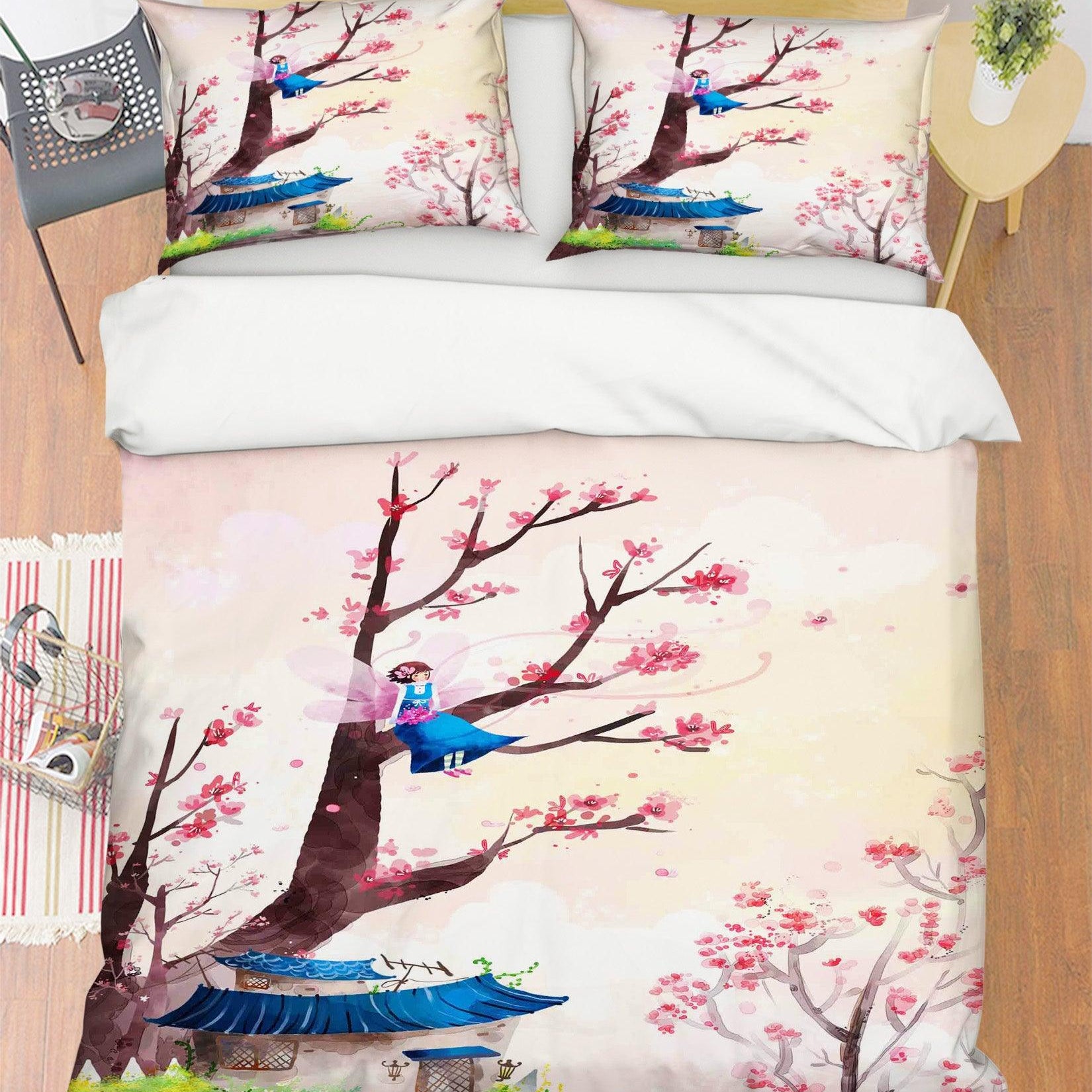 3D Pink House Tree Blossom Angel Quilt Cover Set Bedding Set Pillowcases 01- Jess Art Decoration