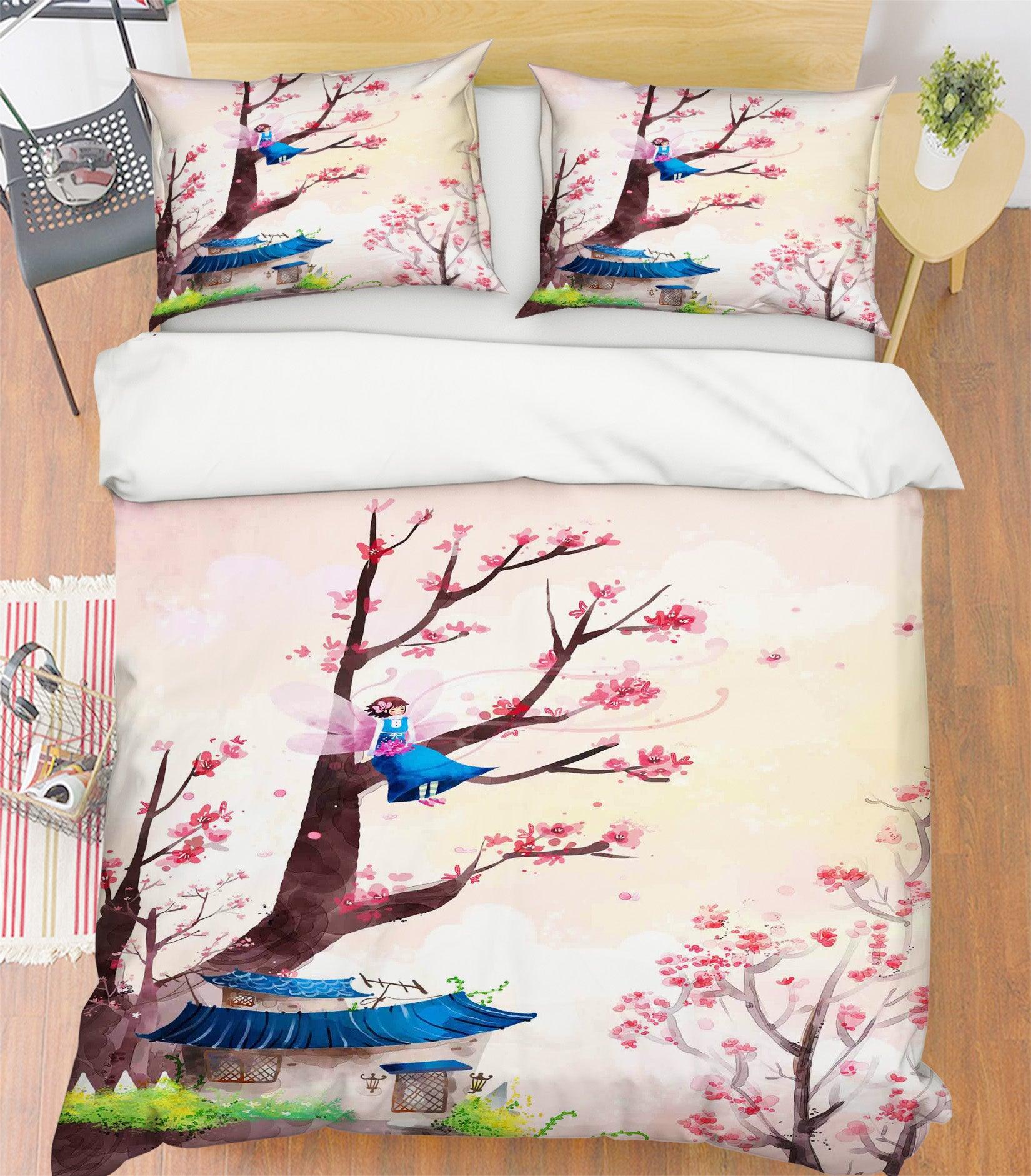 3D Pink House Tree Blossom Angel Quilt Cover Set Bedding Set Pillowcases 01- Jess Art Decoration