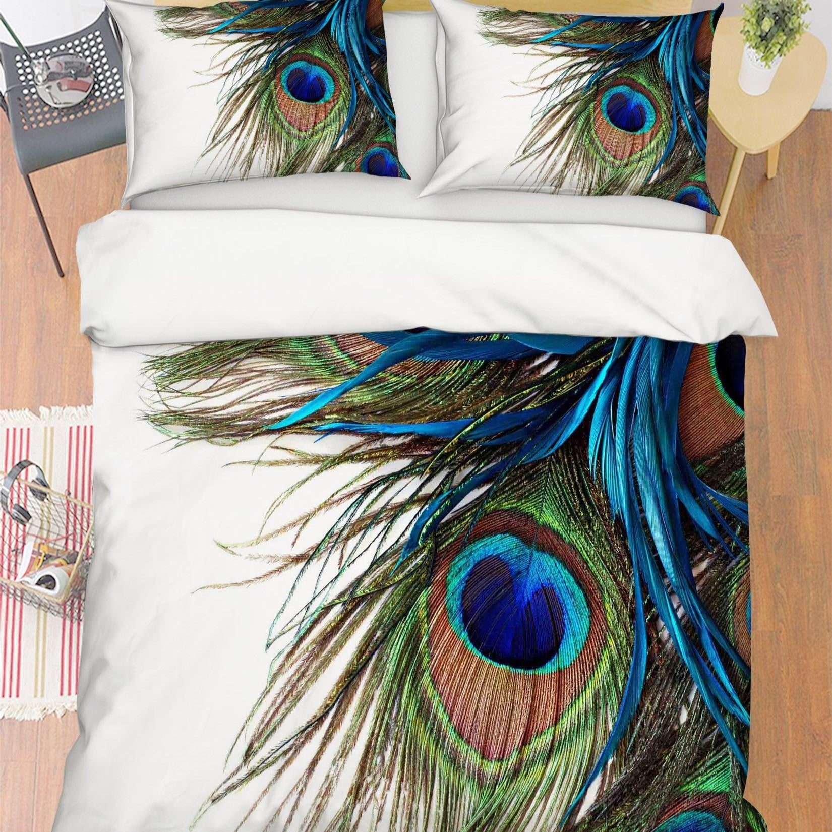 3D White Green Blue Peacock Feather Quilt Cover Set Bedding Set Pillowcases 13- Jess Art Decoration