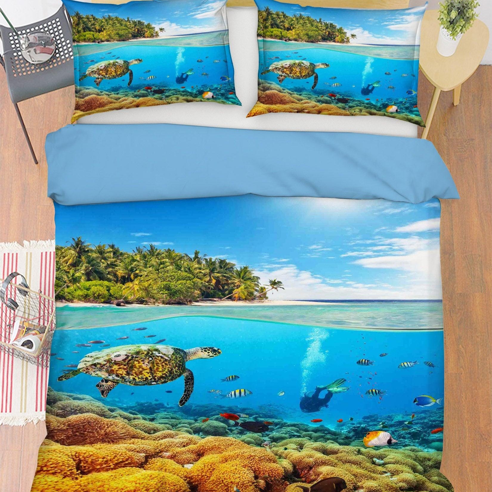 3D Blue Forest Sea Turtle Coral Fish Diving Quilt Cover Set Bedding Set Pillowcases 10- Jess Art Decoration