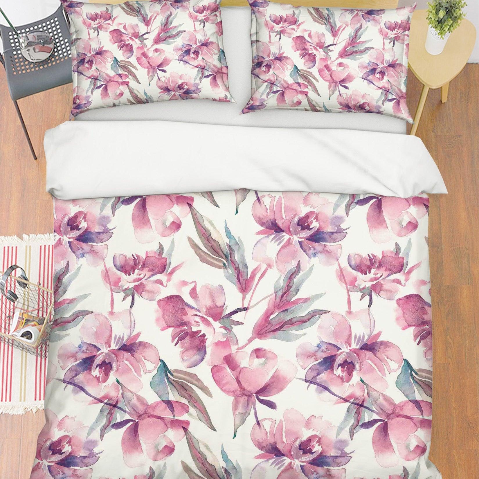 3D Pink Watercolor Floral Quilt Cover Set Bedding Set Pillowcases 60- Jess Art Decoration