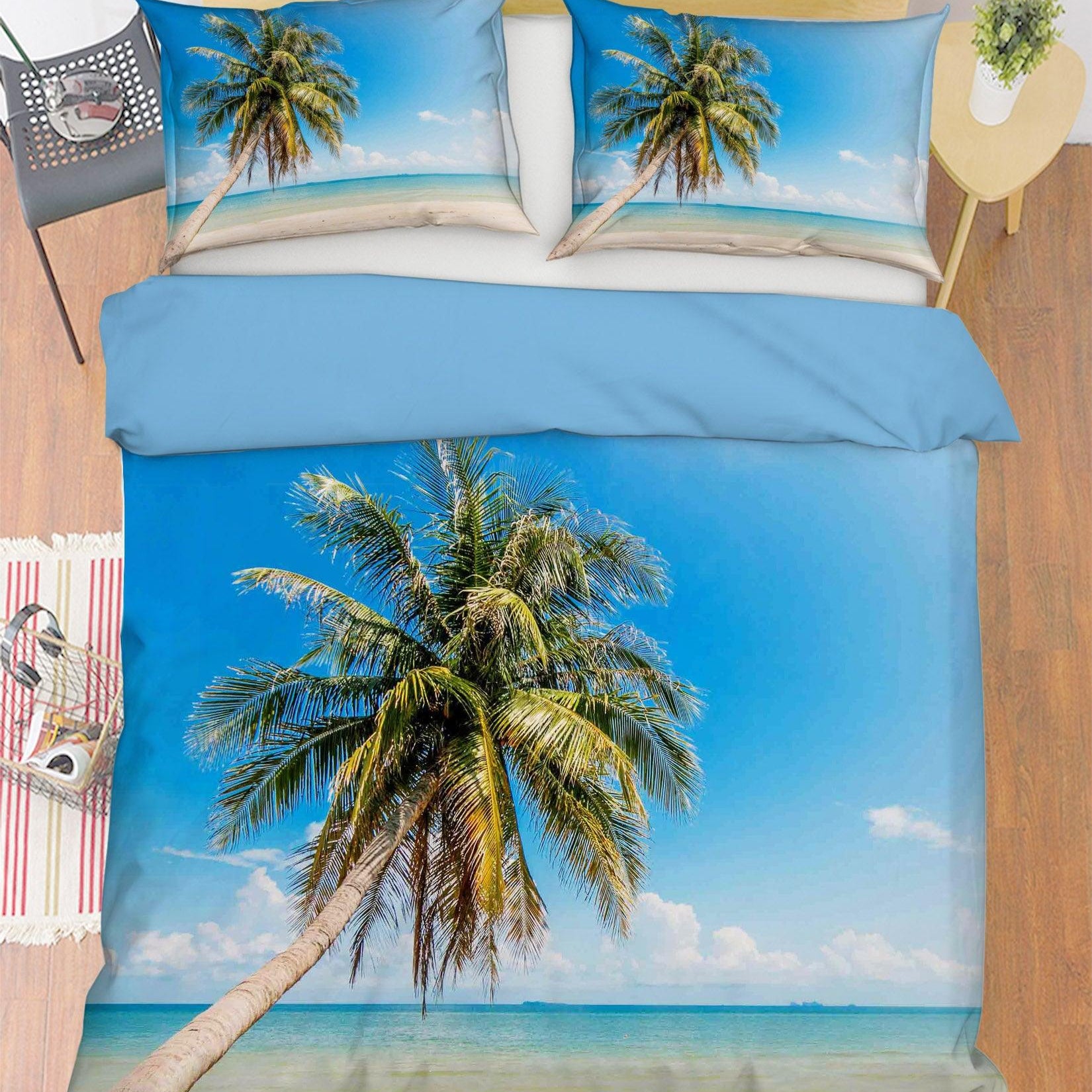 3D Blue Sea Beach Palm Tree Quilt Cover Set Bedding Set Pillowcases 32- Jess Art Decoration