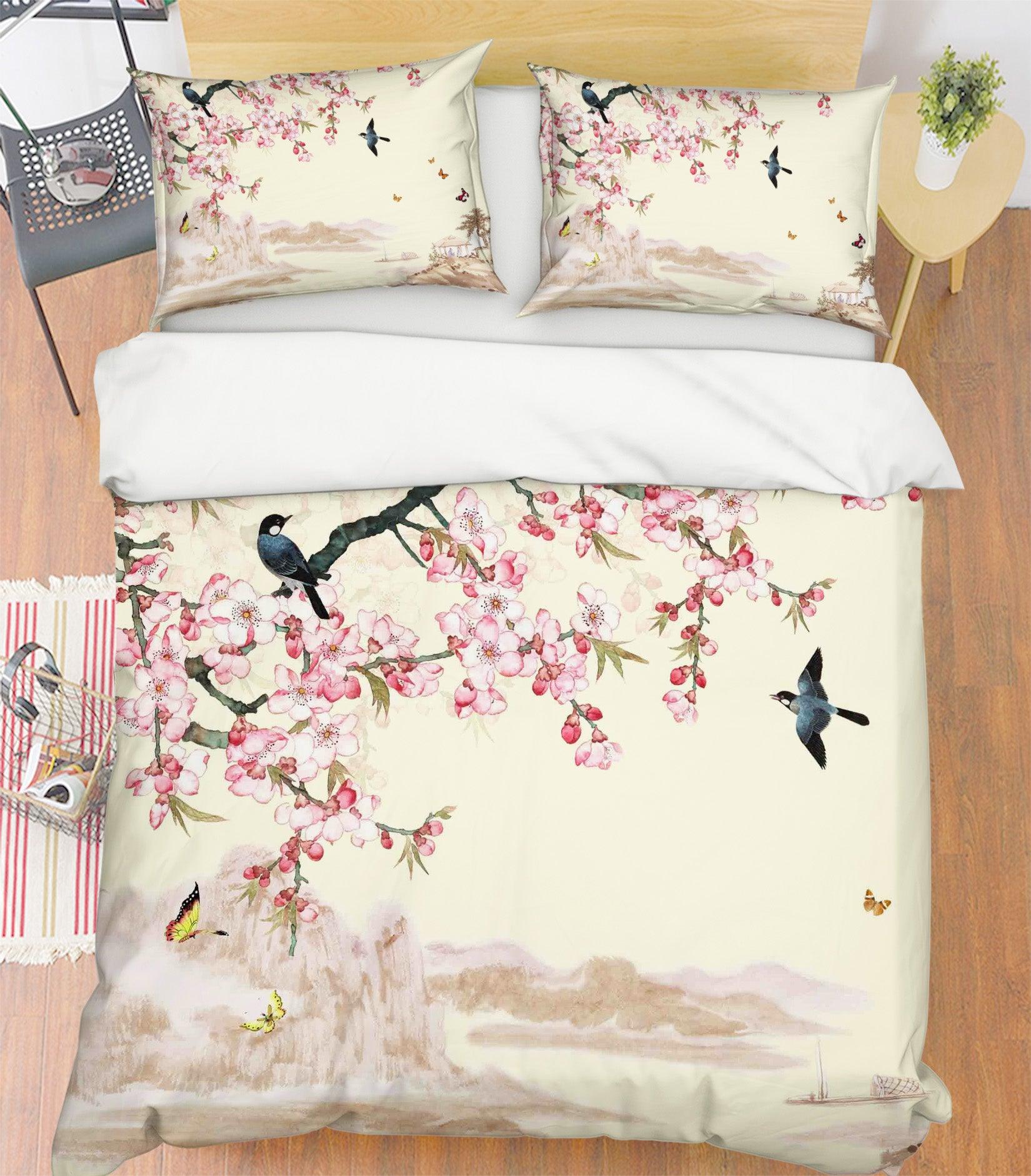 3D Pink Peach Blossom Bird Quilt Cover Set Bedding Set Pillowcases 89- Jess Art Decoration
