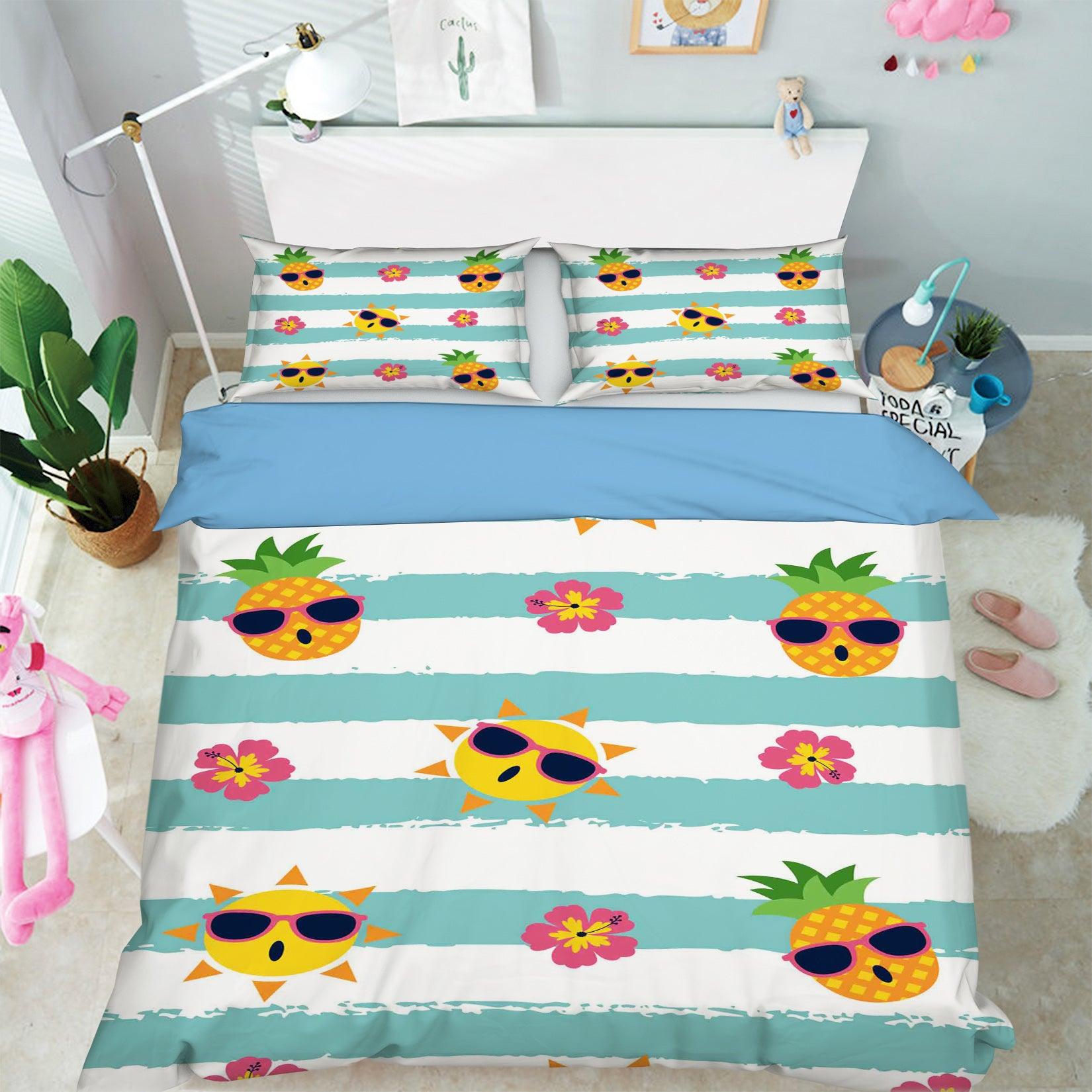 3D Blue Stripes Pineapple Sun Quilt Cover Set Bedding Set Pillowcases 02- Jess Art Decoration