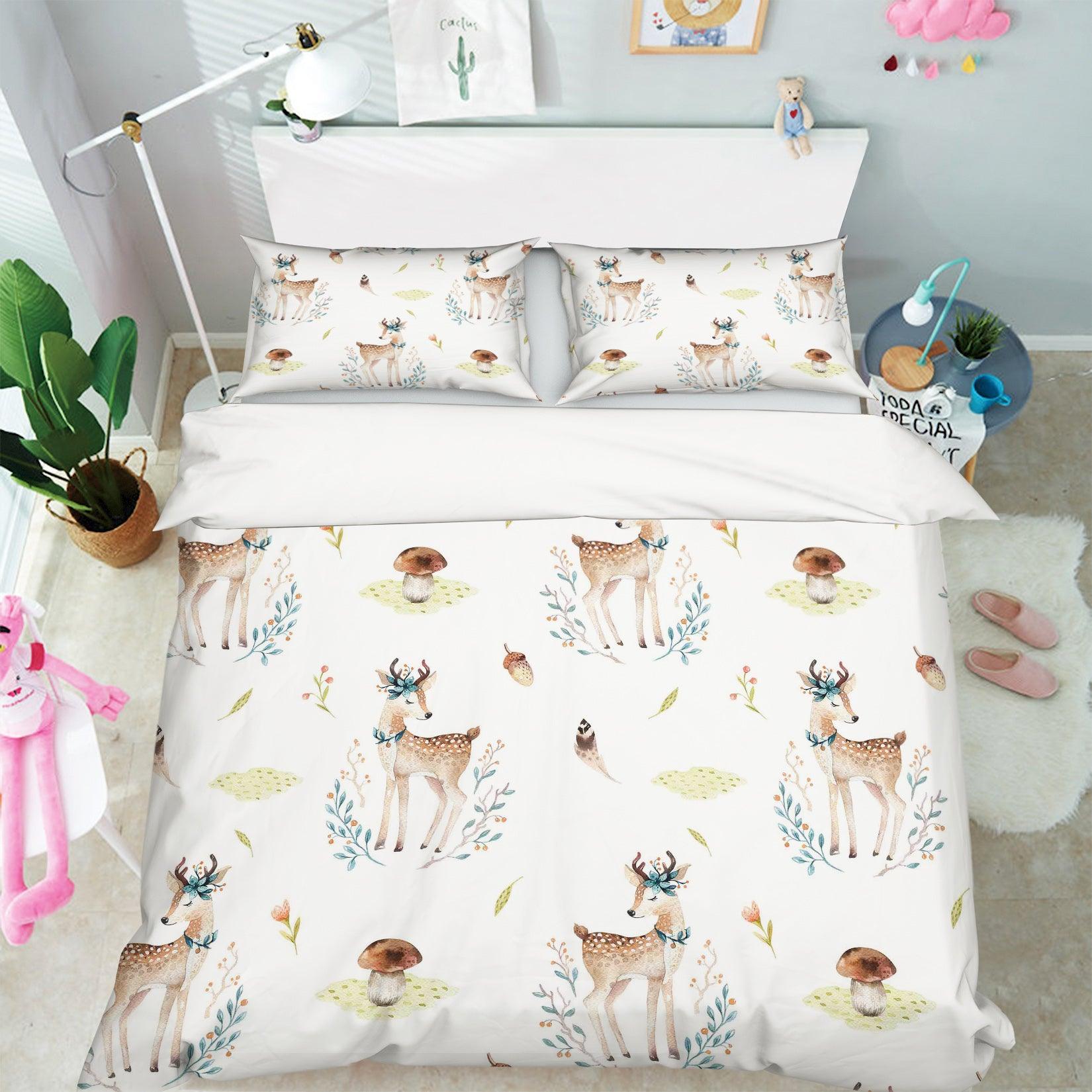 3D White Elk Mushroom Floral Quilt Cover Set Bedding Set Pillowcases 58- Jess Art Decoration
