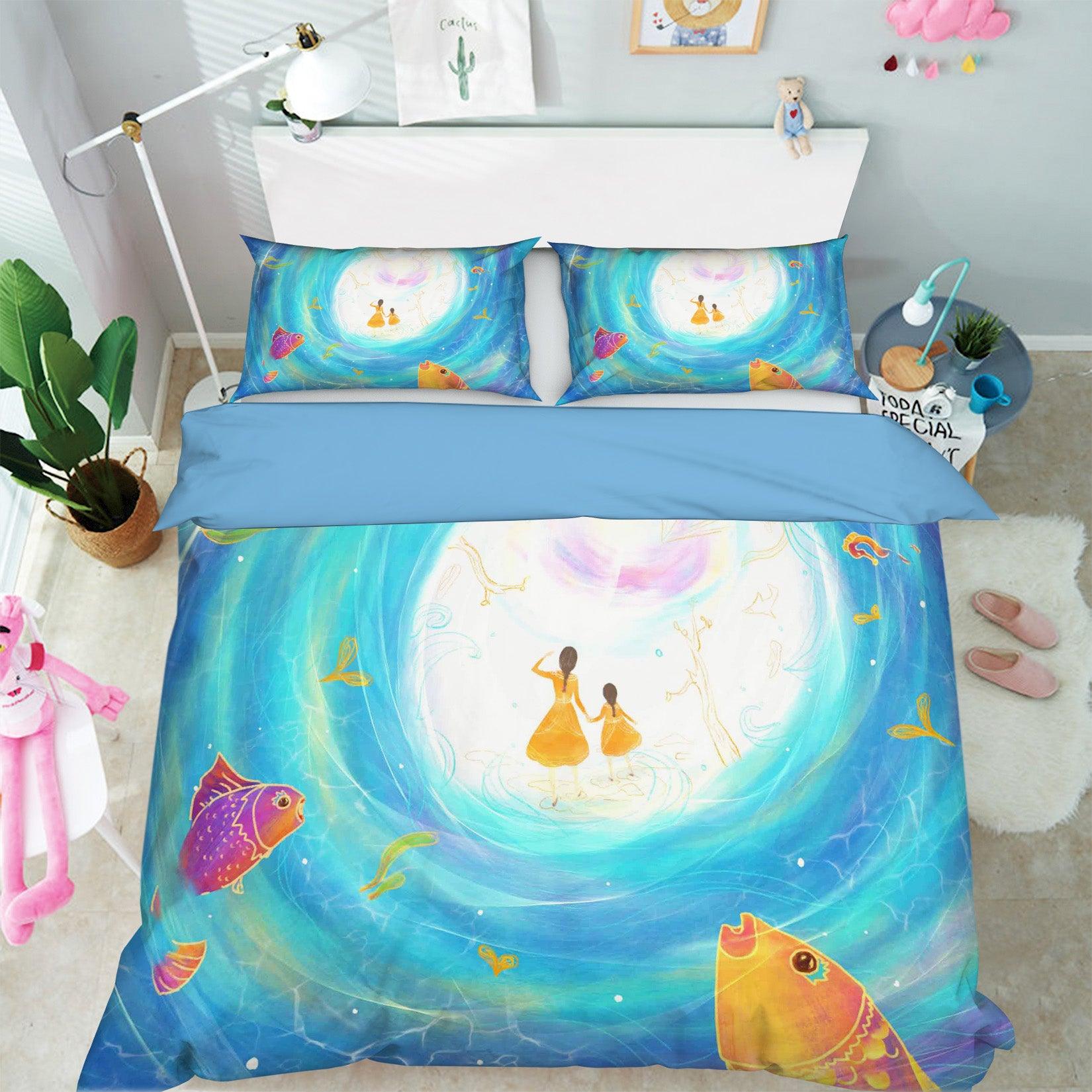 3D Blue Sea Fish Mother Daughter Quilt Cover Set Bedding Set Pillowcases 85- Jess Art Decoration