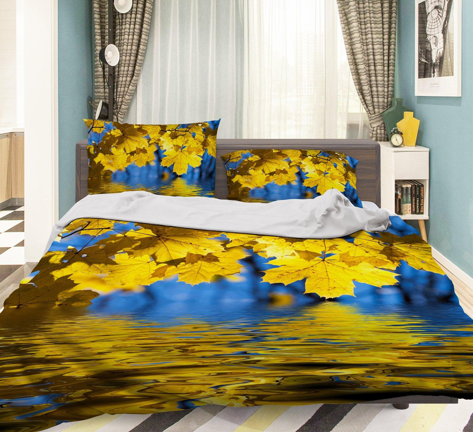 3D Blue Yellow Maple Leaves Quilt Cover Set Bedding Set Pillowcases 73- Jess Art Decoration