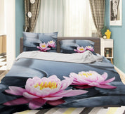 3D Grey Pink Lotus Flower Leaves Quilt Cover Set Bedding Set Pillowcases 80- Jess Art Decoration