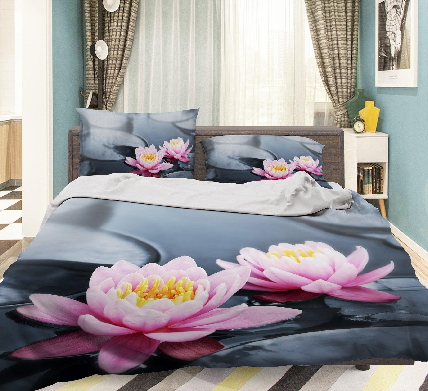 3D Grey Pink Lotus Flower Leaves Quilt Cover Set Bedding Set Pillowcases 80- Jess Art Decoration
