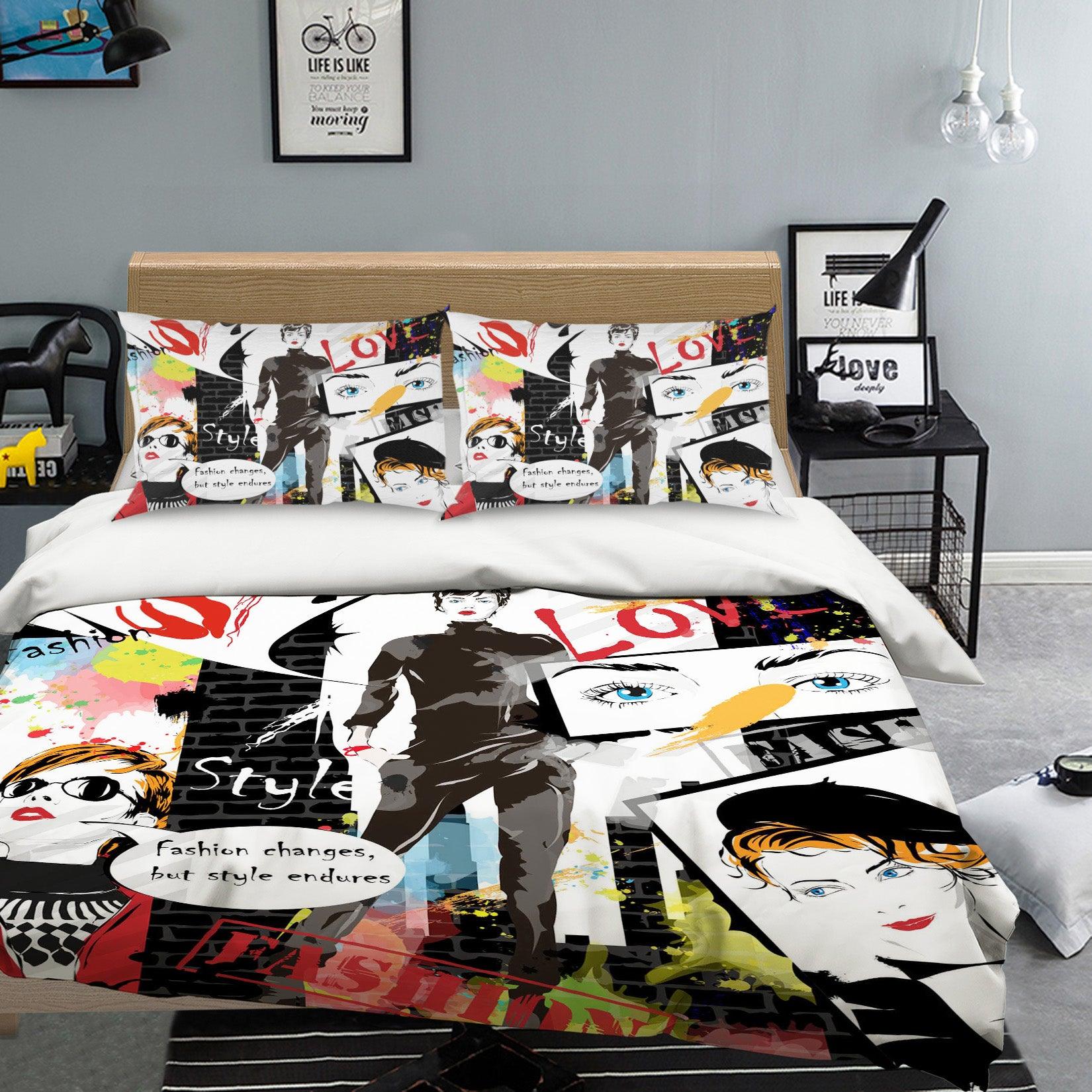 3D Black Graffiti Fashion Woman Female Beauty Quilt Cover Set Bedding Set Pillowcases 34- Jess Art Decoration