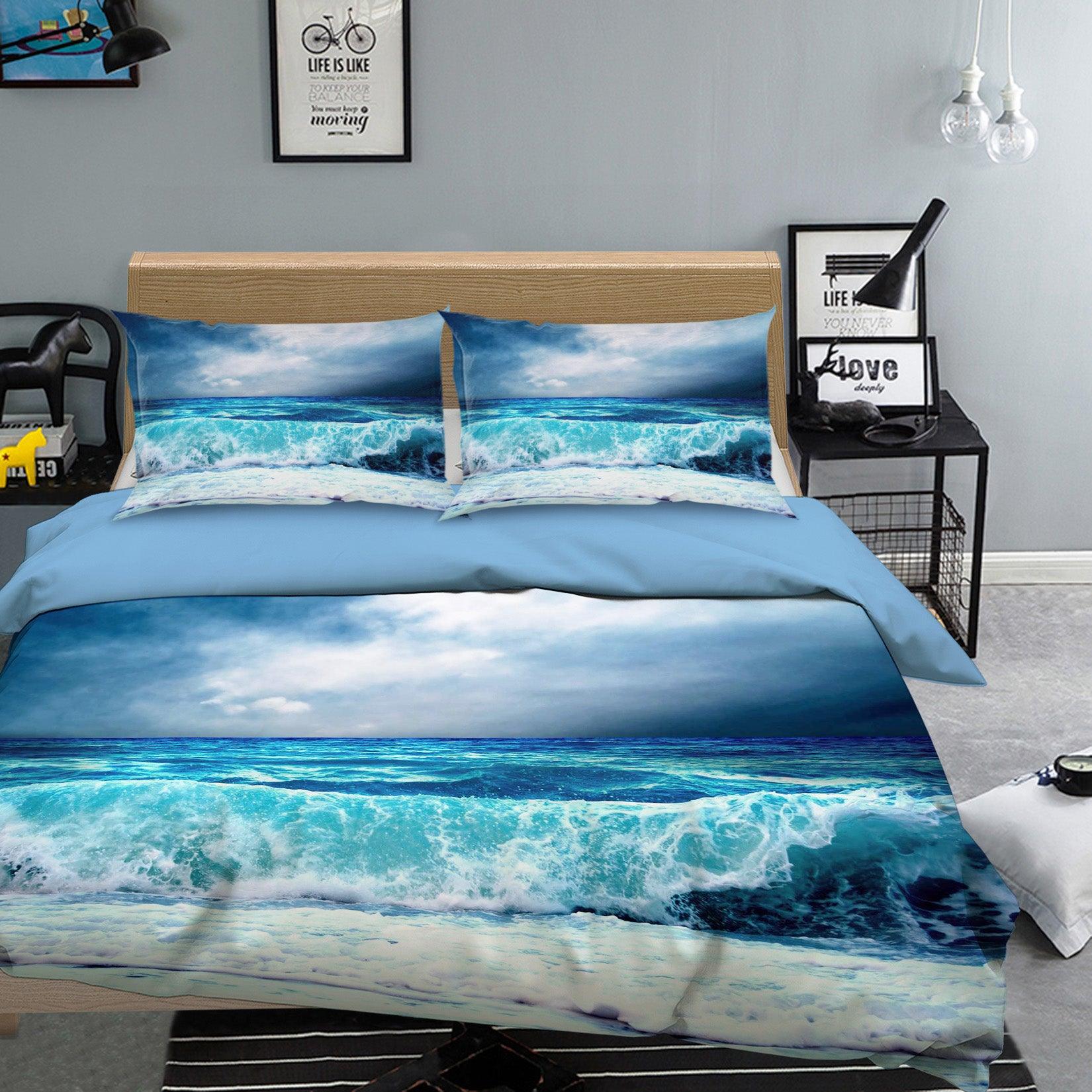 3D Blue Sea Wave Quilt Cover Set Bedding Set Pillowcases 76- Jess Art Decoration