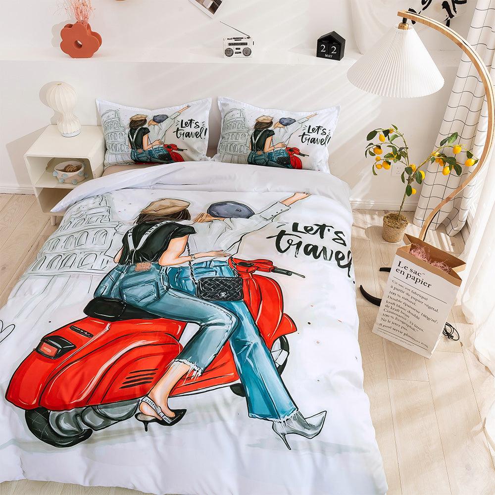 3D Couple Motorcycle Quilt Cover Set Bedding Set Duvet Cover Pillowcases 70- Jess Art Decoration