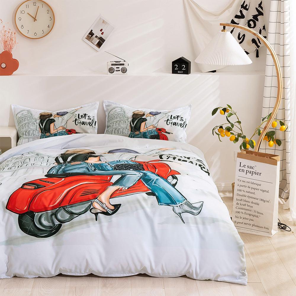 3D Couple Motorcycle Quilt Cover Set Bedding Set Duvet Cover Pillowcases 70- Jess Art Decoration
