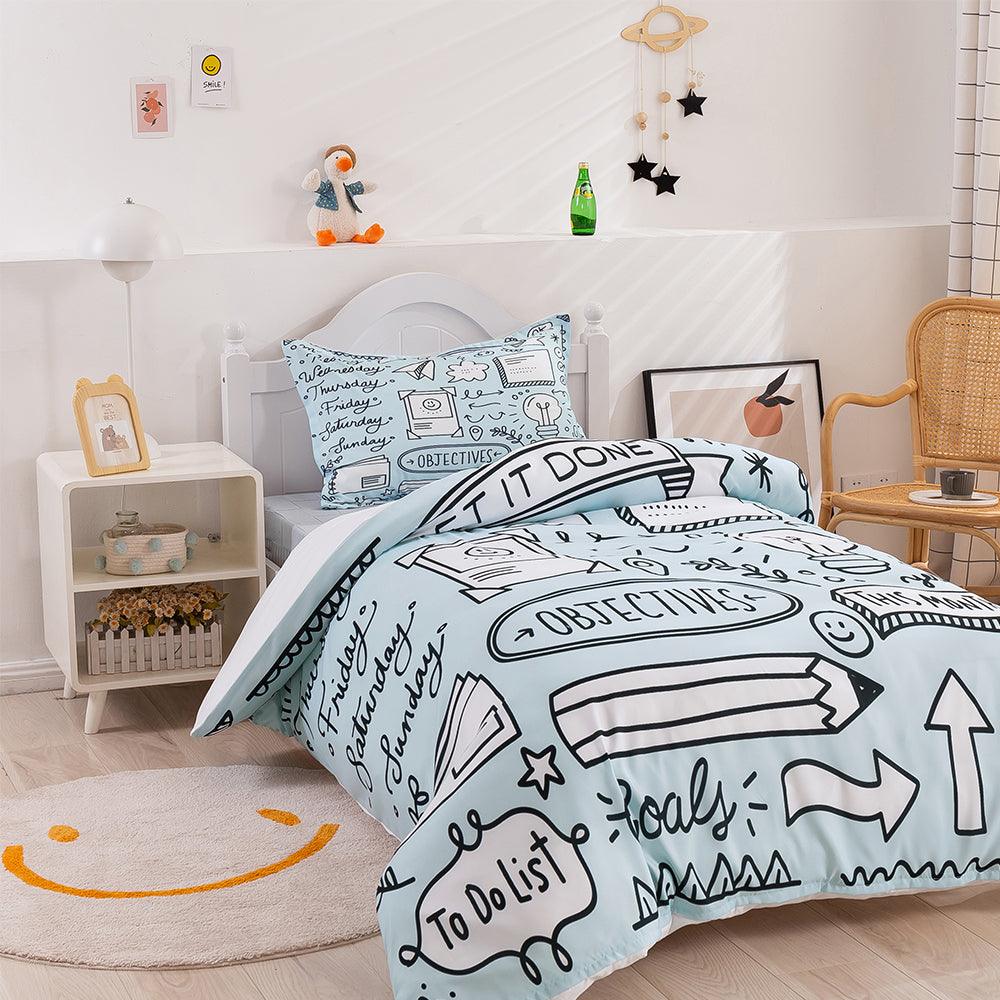 3D Cartoon Blue School Supplies Quilt Cover Set Bedding Set Duvet Cover Pillowcases 388- Jess Art Decoration
