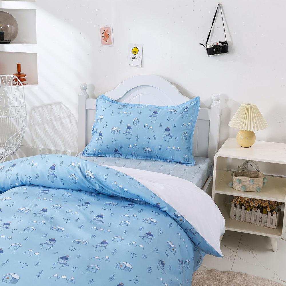 3D Cartoon Blue Forest Snow House Bear Quilt Cover Set Bedding Set Duvet Cover Pillowcases 476- Jess Art Decoration