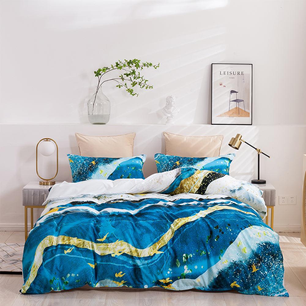 3D Abstract Blue Gold Marble Quilt Cover Set Bedding Set Duvet Cover Pillowcases 444- Jess Art Decoration