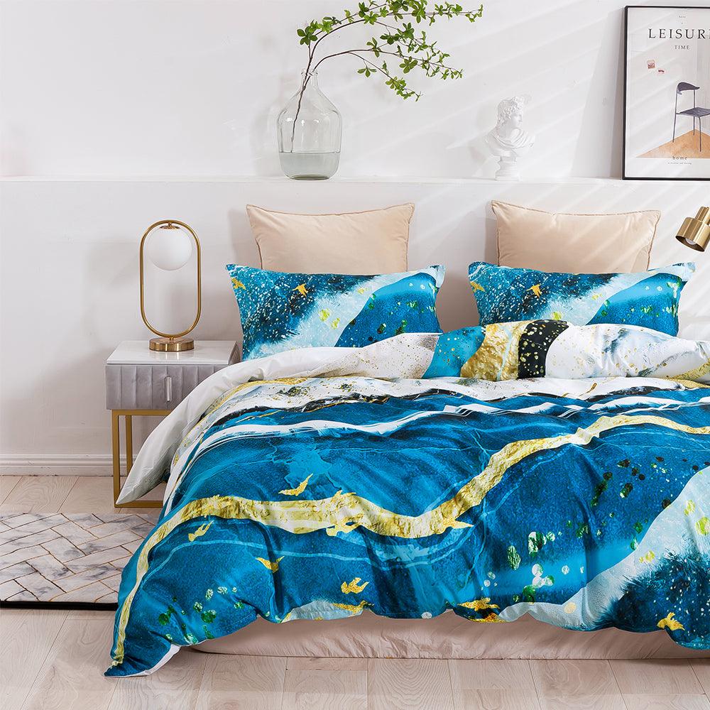 3D Abstract Blue Gold Marble Quilt Cover Set Bedding Set Duvet Cover Pillowcases 444- Jess Art Decoration
