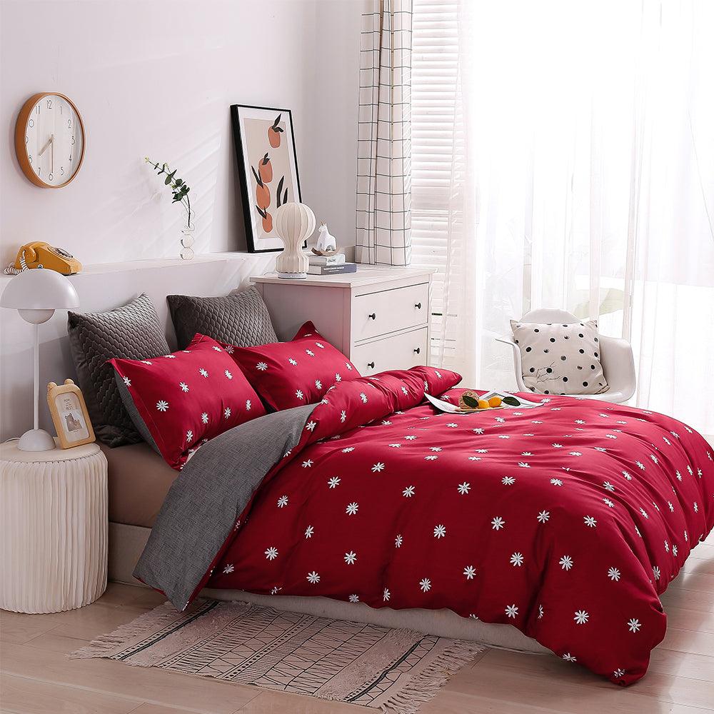 3D Red Background White Floral Quilt Cover Set Bedding Set Duvet Cover Pillowcases 208- Jess Art Decoration