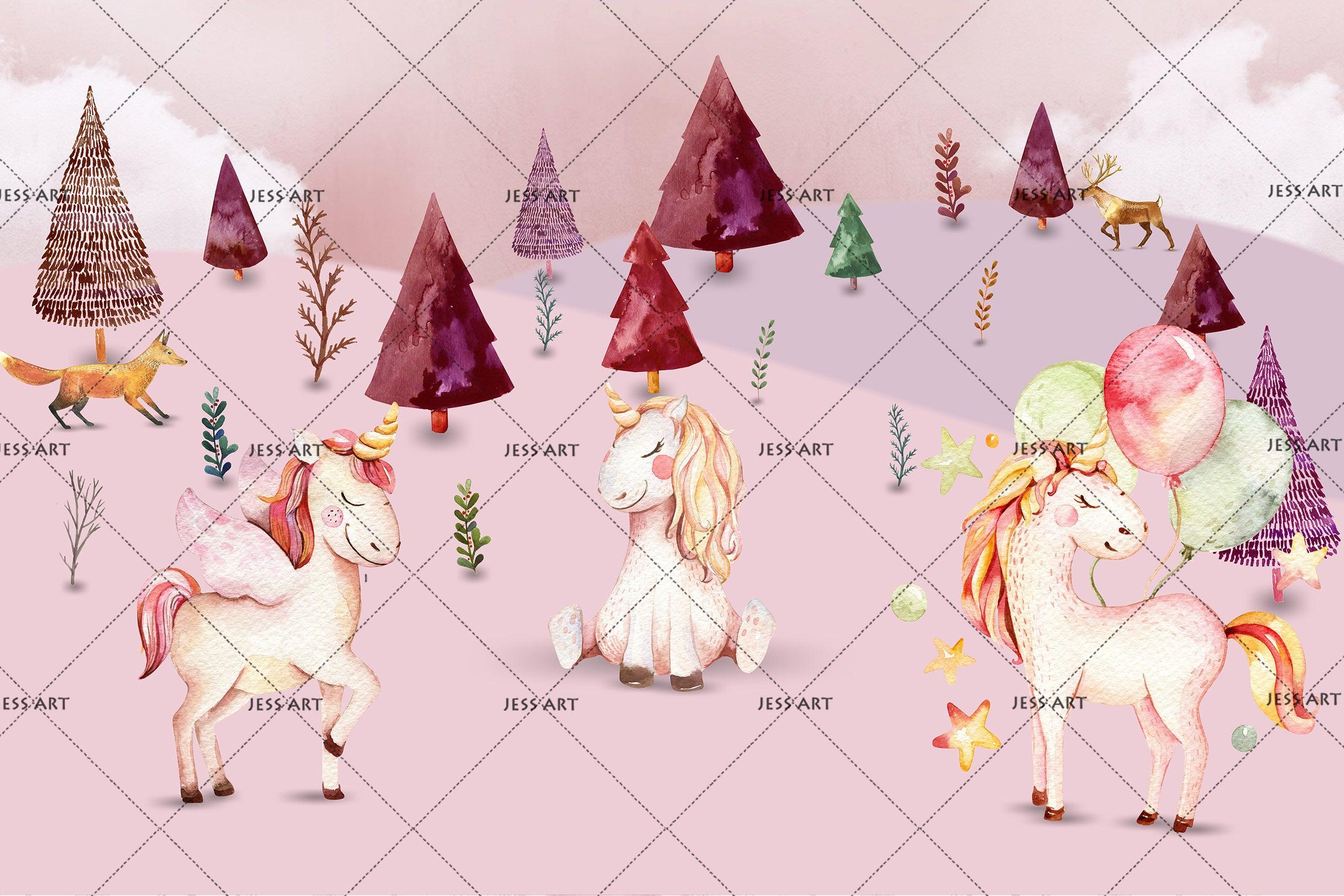3D Pink Pine Tree Unicorn Wall Mural Wallpaper 12- Jess Art Decoration