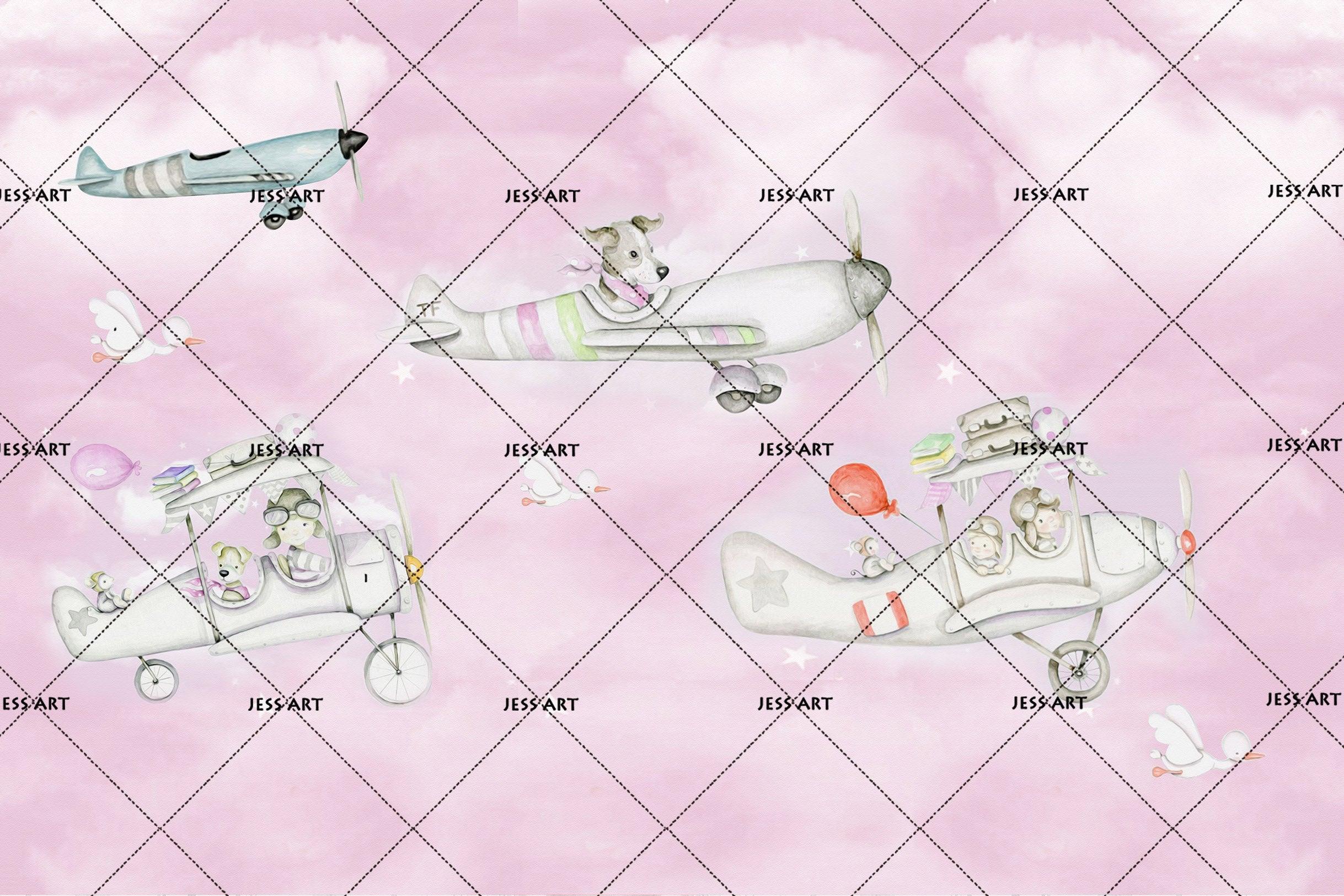 3D Retro Cartoon Planes Pink Wall Mural Wallpaper 03- Jess Art Decoration
